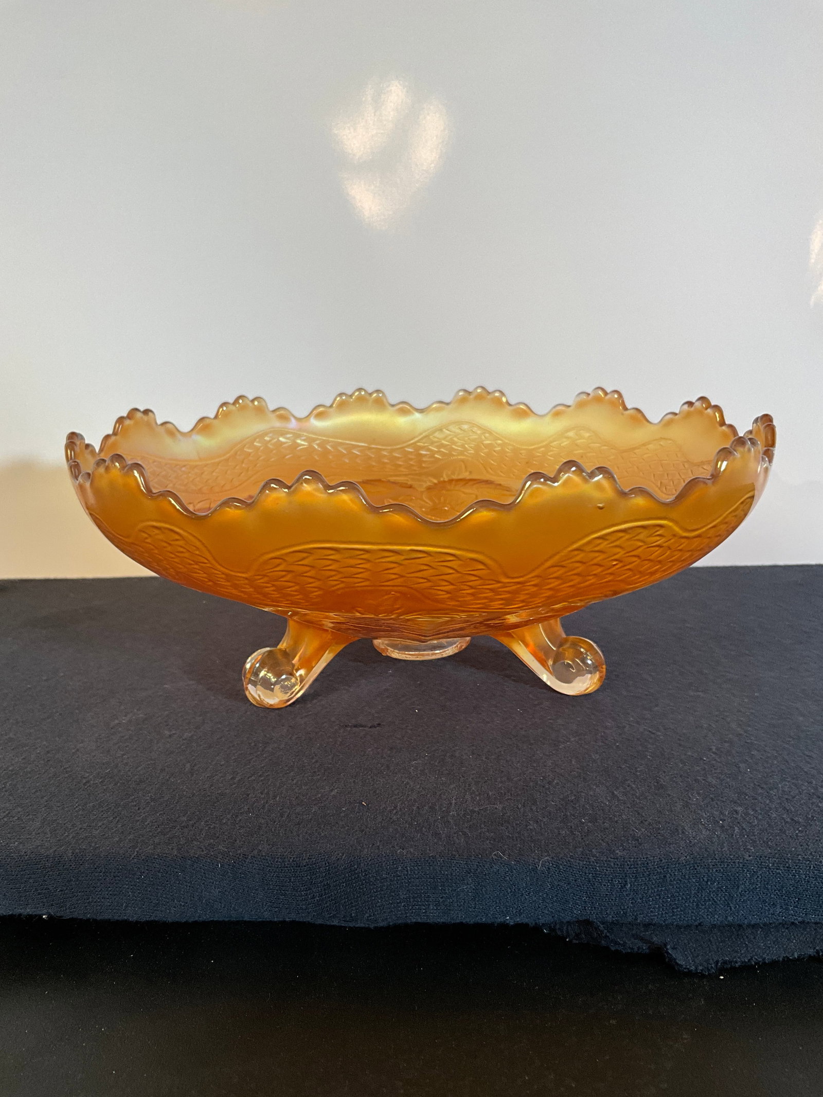 Vintage Fenton Marigold 9.75" wide Orange Carnival Glass Footed Bowl (1 of 4)