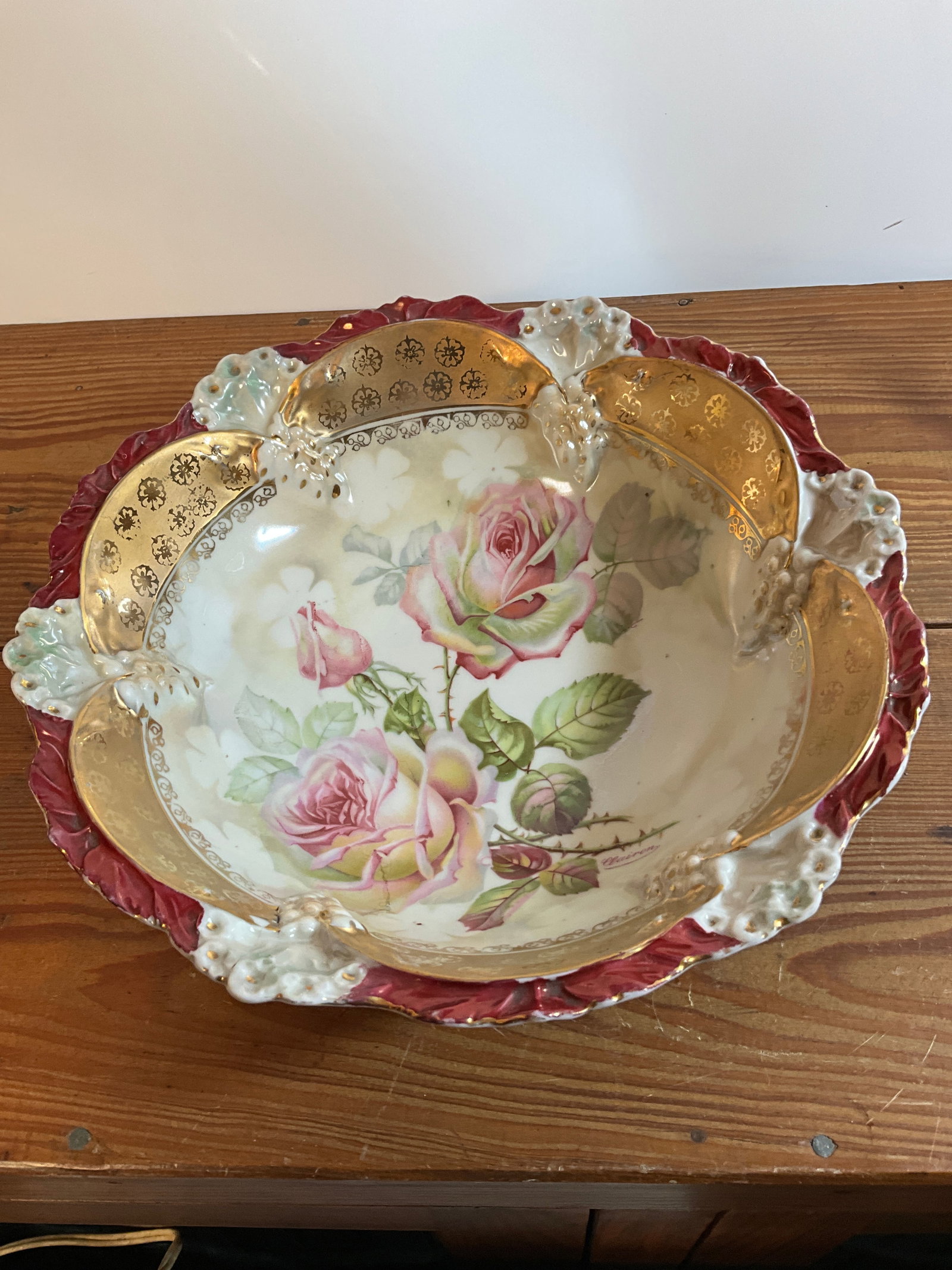 Fancy ClarionGerman Turn of the Century Bowl with Roses - China 10.5 inches in diameter (1 of 5)