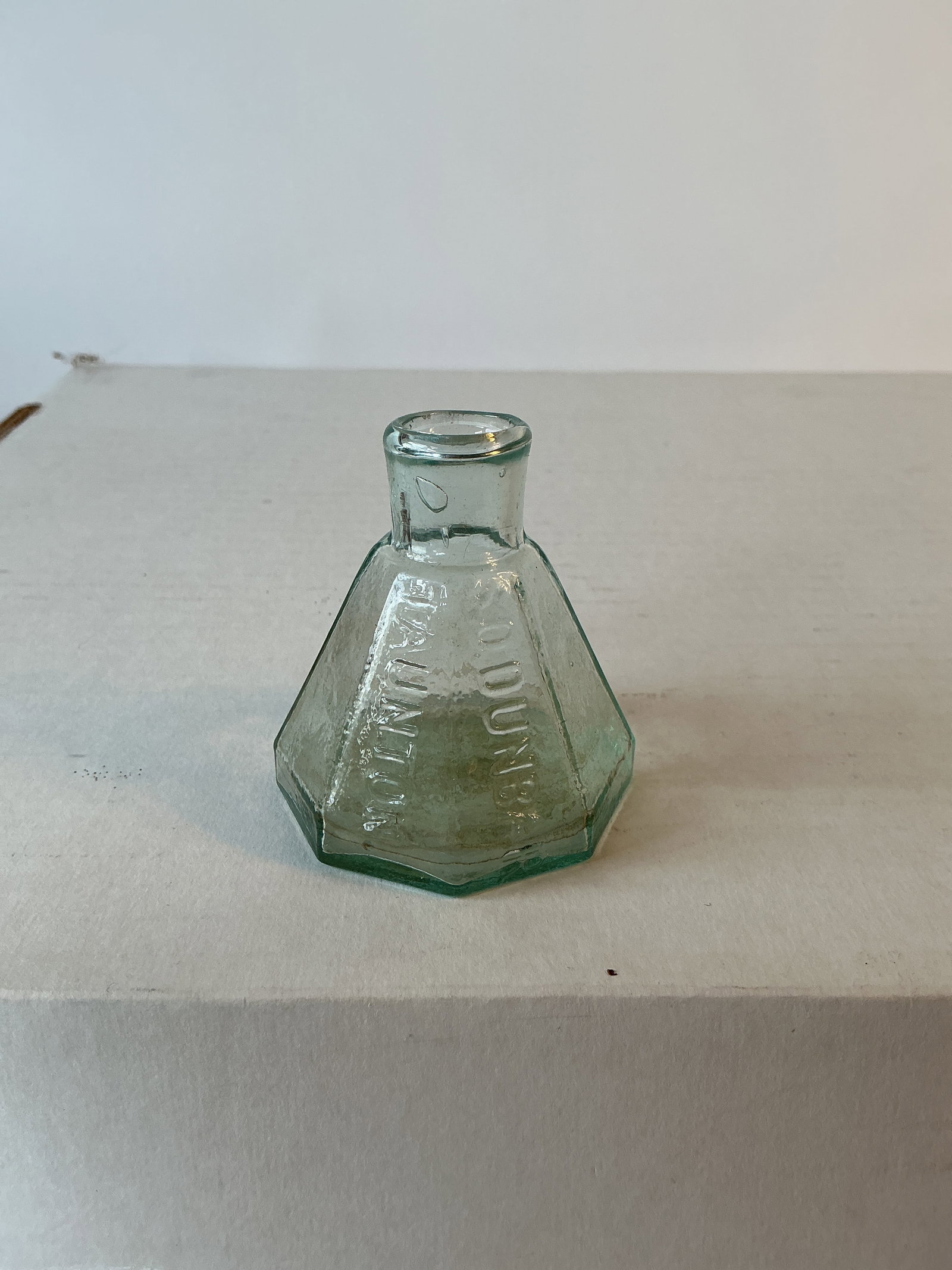 S.O.Dunbar Taunton 8 sided Umbrella Ink, OP: Next up is a super nice clear or pale aqua umbrella ink embossed S.O. Dunbar Taunton. This ink has no damage or stain. It has a rolled lip and open pontil base and some nice whittle to the glass.