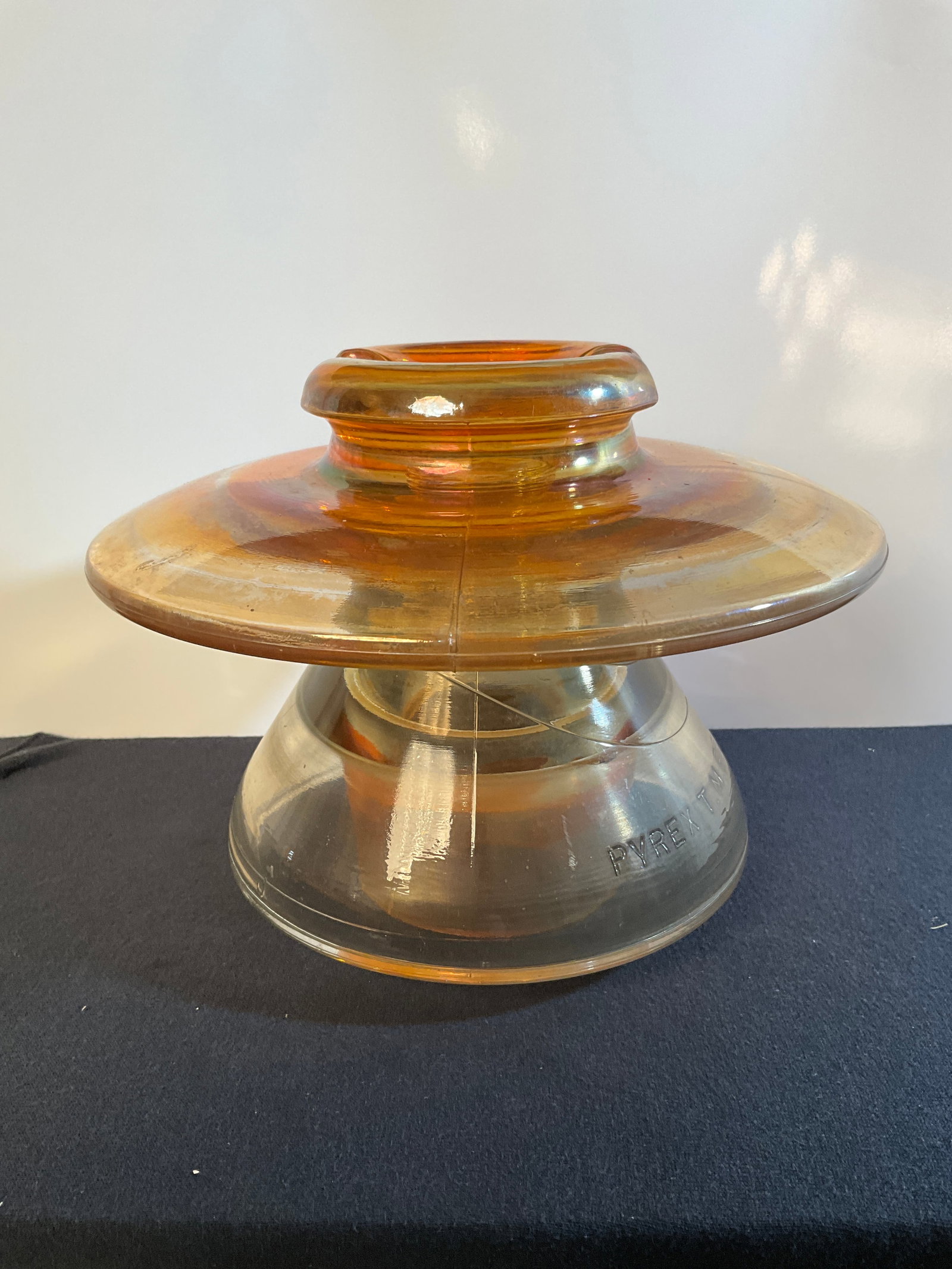 Insulator, CD 326, Pyrex, Carnival Glass, Embossed Around Skirt, Jumbo Size, Near Mint: This jumbo insulator is near mint. It is embossed around the skirt with "Pyrex TM Reg., U.S. Pat. Off. Made in U.S.A.-453".