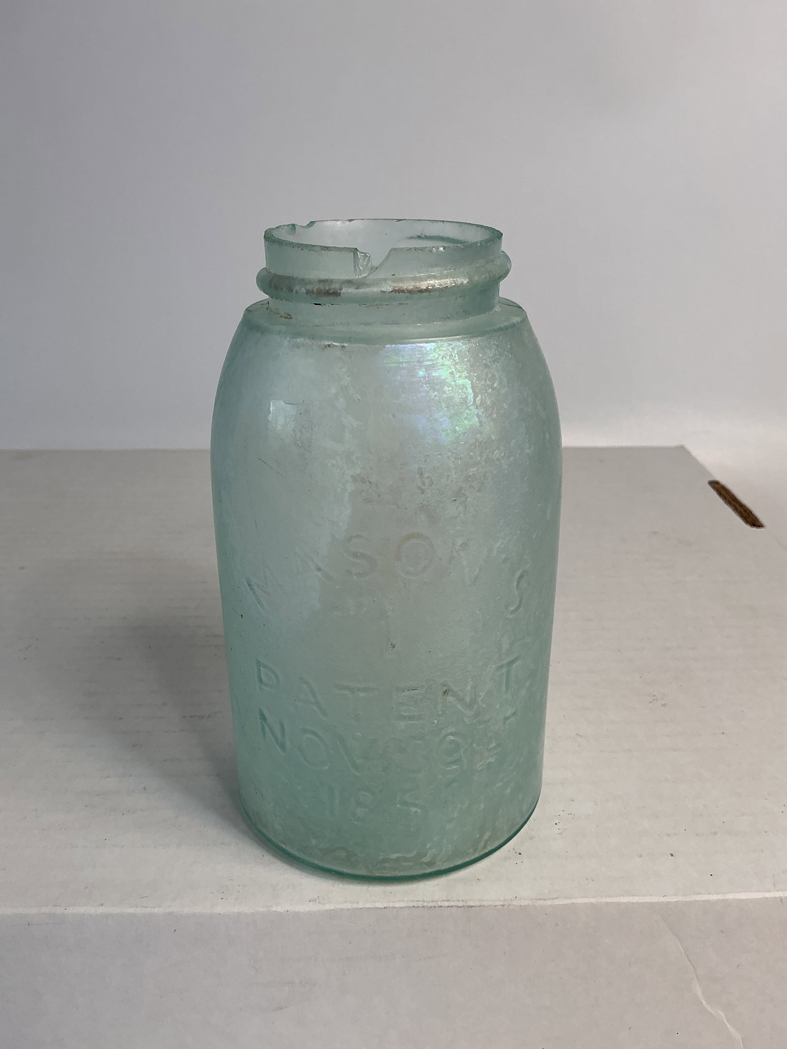 Midget Mason Jar - Mason's 1 Patent Nov 30TH 1858: Here's an interesting Midget jar. It's embossed Mason's 1 Patent Nov 30TH 1858. The jar has overall heavy stain and a couple chips in the lip. A quick tumble and put on a lid and you'll have a nice lo