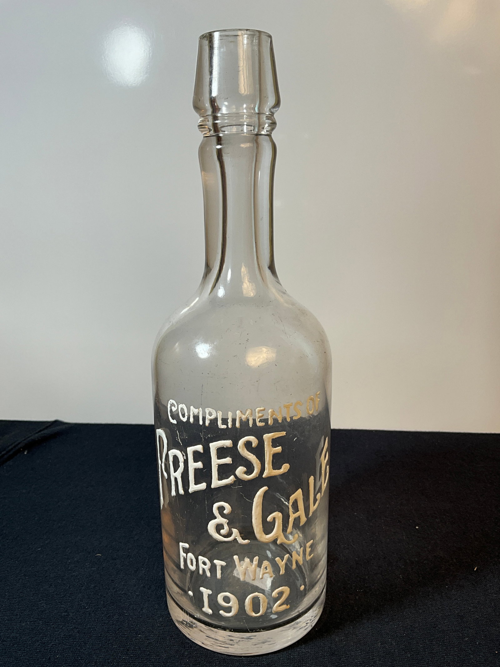 Fort Wayne Enameled Advertising Back Bar Bottle - Compliments of Freese & Gale, Fort Wayne. 1902 (1 of 6)