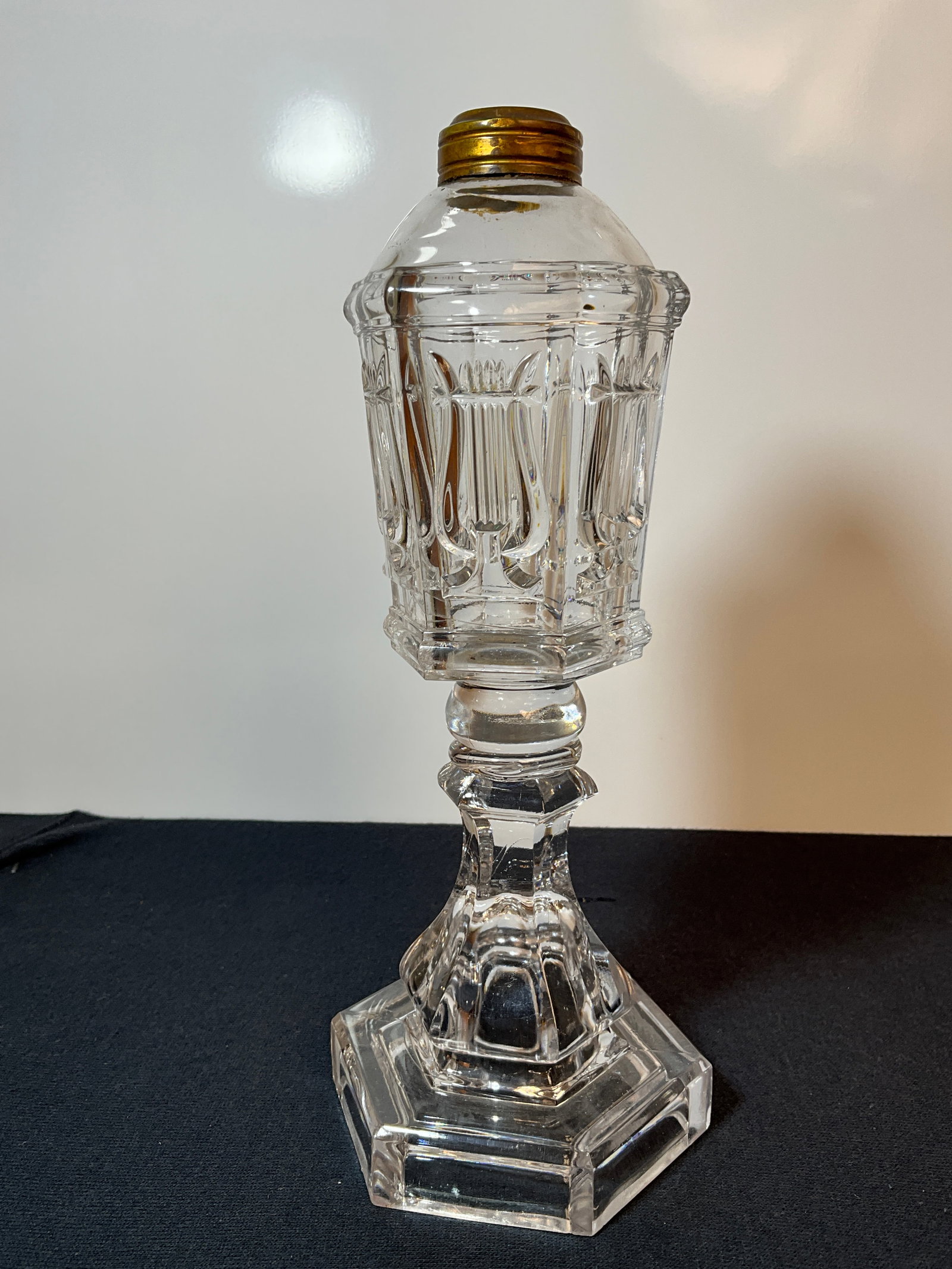 Antique Clear Glass Harp Lyre 6 sided Whale Oil Lamp 1800's Hexagon - 10.25" Tall (1 of 6)