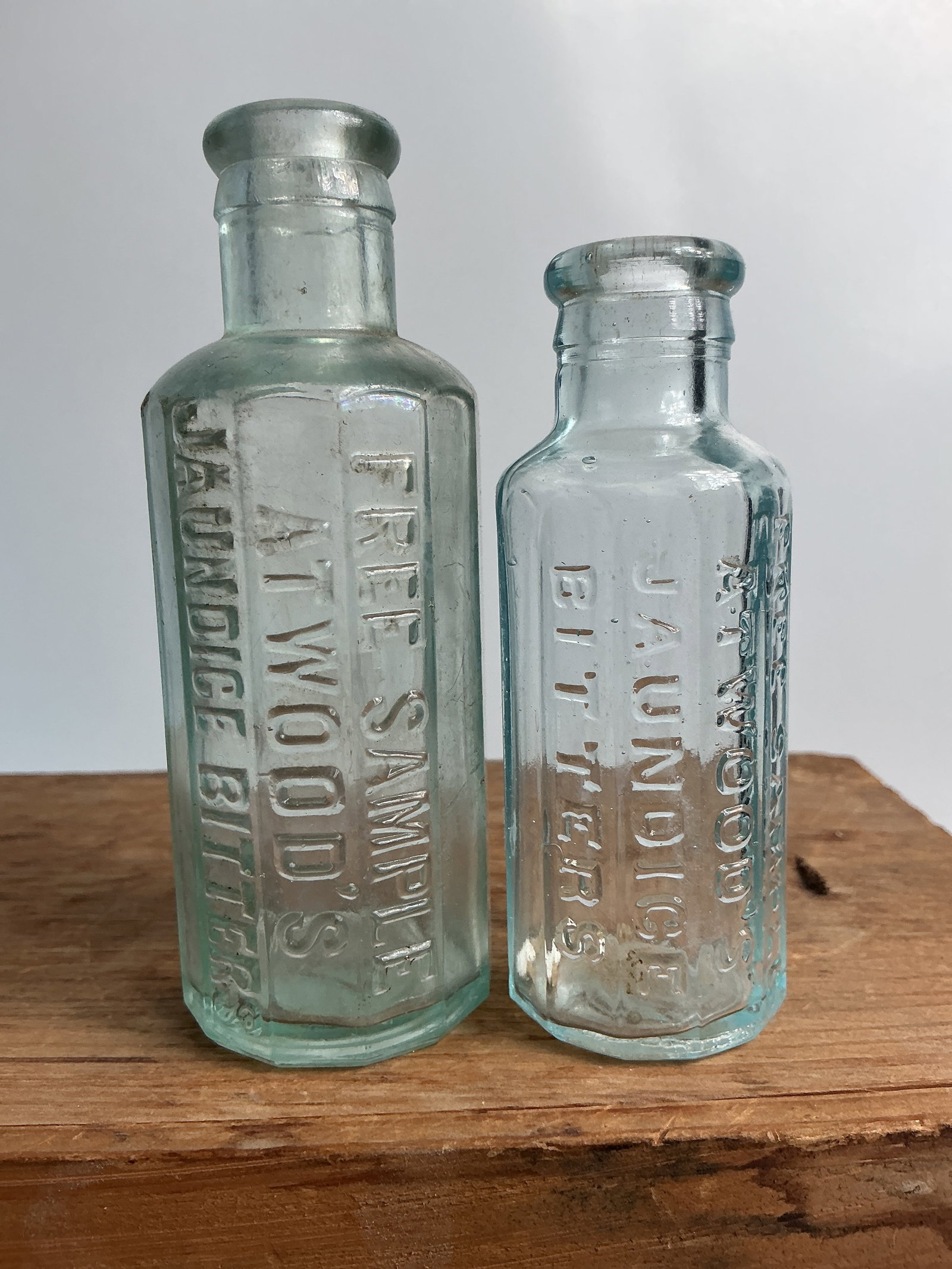 Sample Bottle - Lot of 2 Free Sample Atwood's Jaundice Bitters, 4" & 3 1/2". (1 of 5)