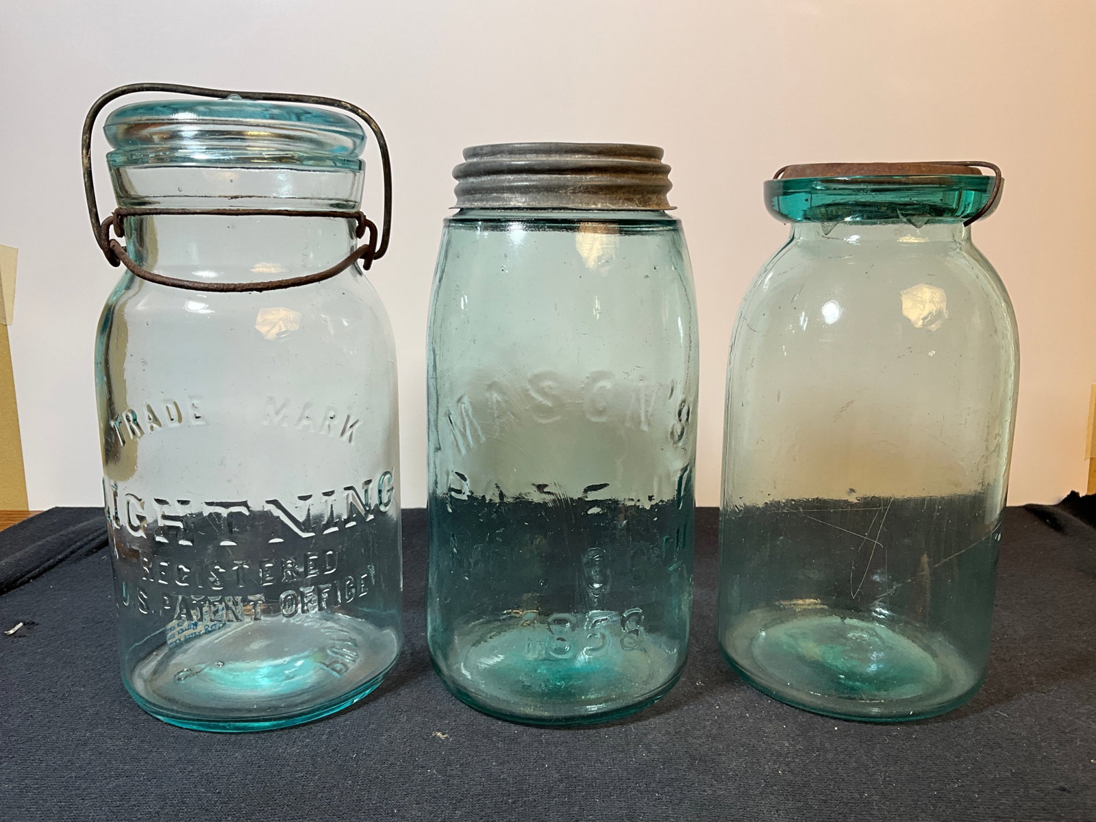 3 Fruit Jars - H&R Wax Sealer, Lightning Wide Mouth Quart, Mason's 1858 Quart (1 of 14)