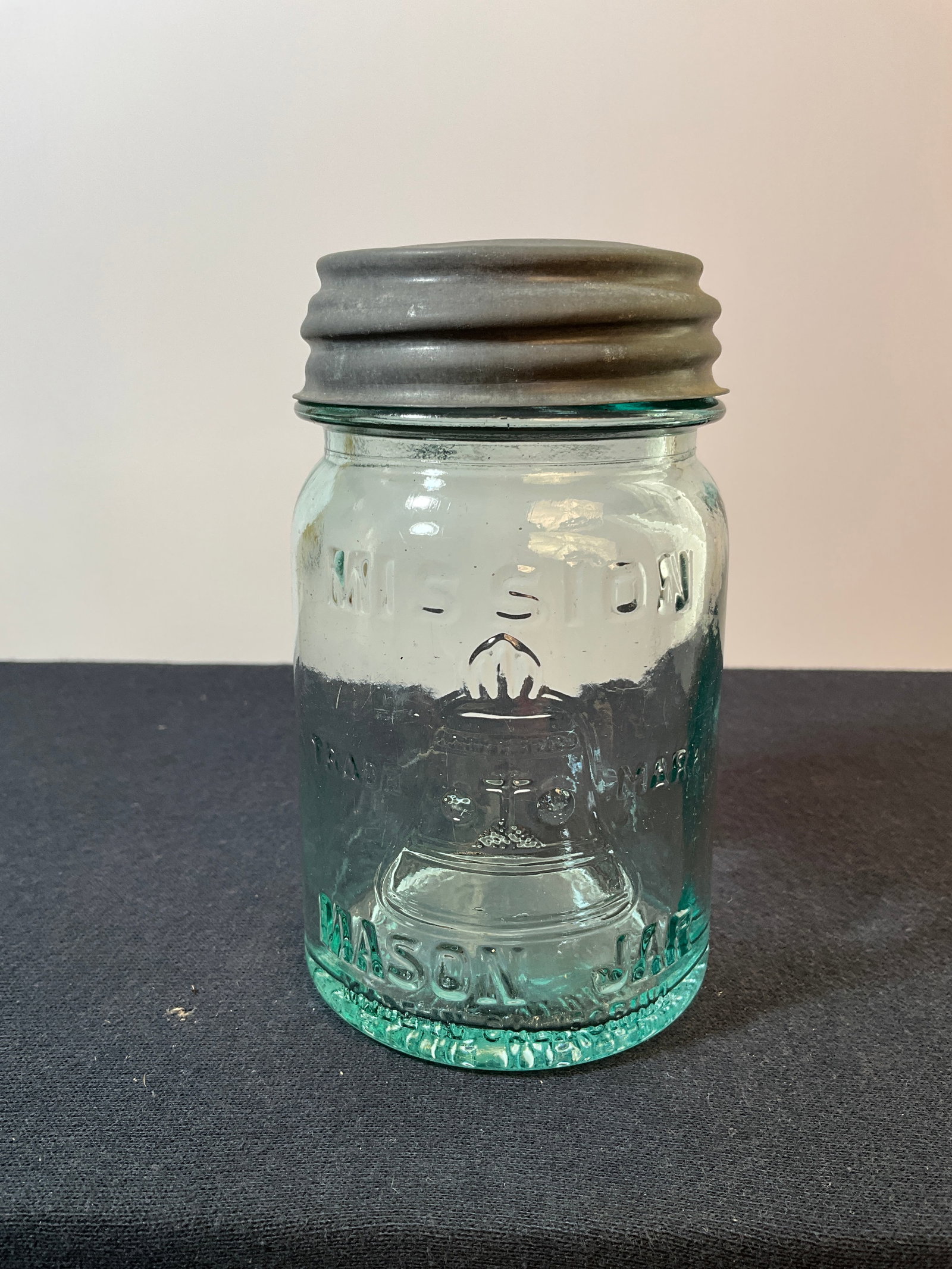 Green Aqua Pint - Mission Mason Jar - Made in California with embossed Bell. (1 of 4)