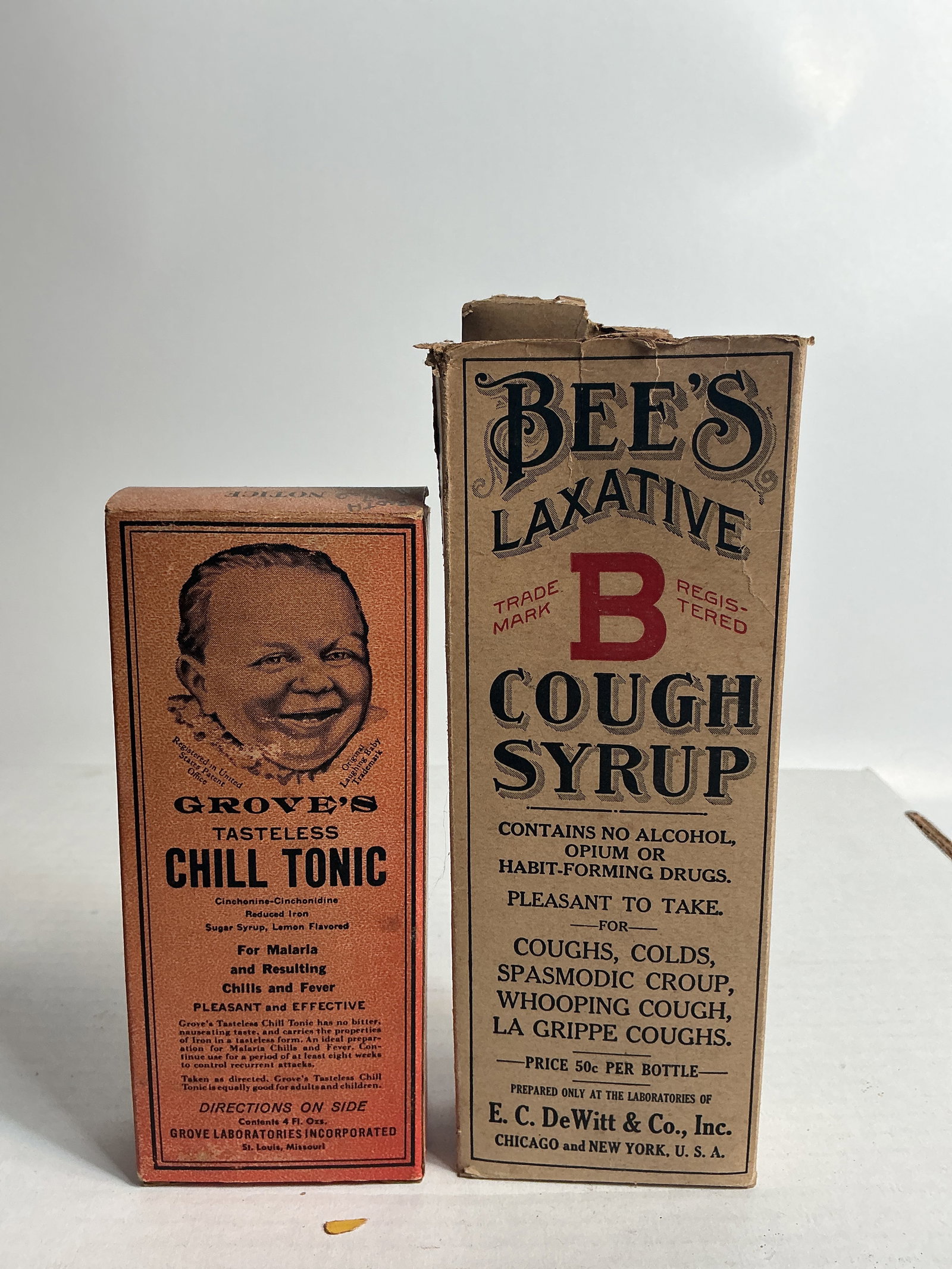 Lot of 2 Labeled, Contents & Box Meds - Bees Laxative Cough Syrup & Groves Chill Tonic (1 of 4)