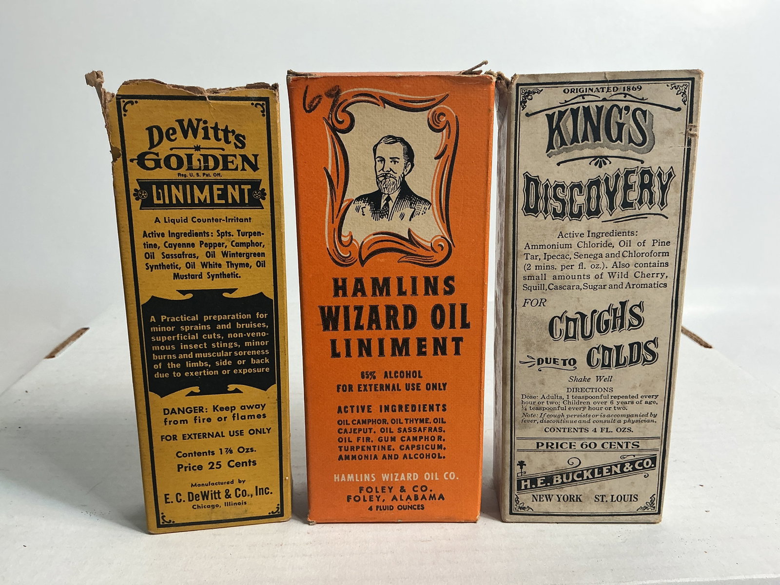 Lot of 3 Labeled, Contents & Box Meds - Kings Discovery, Dr Witts Liniment, Hamlin's Oil (1 of 4)