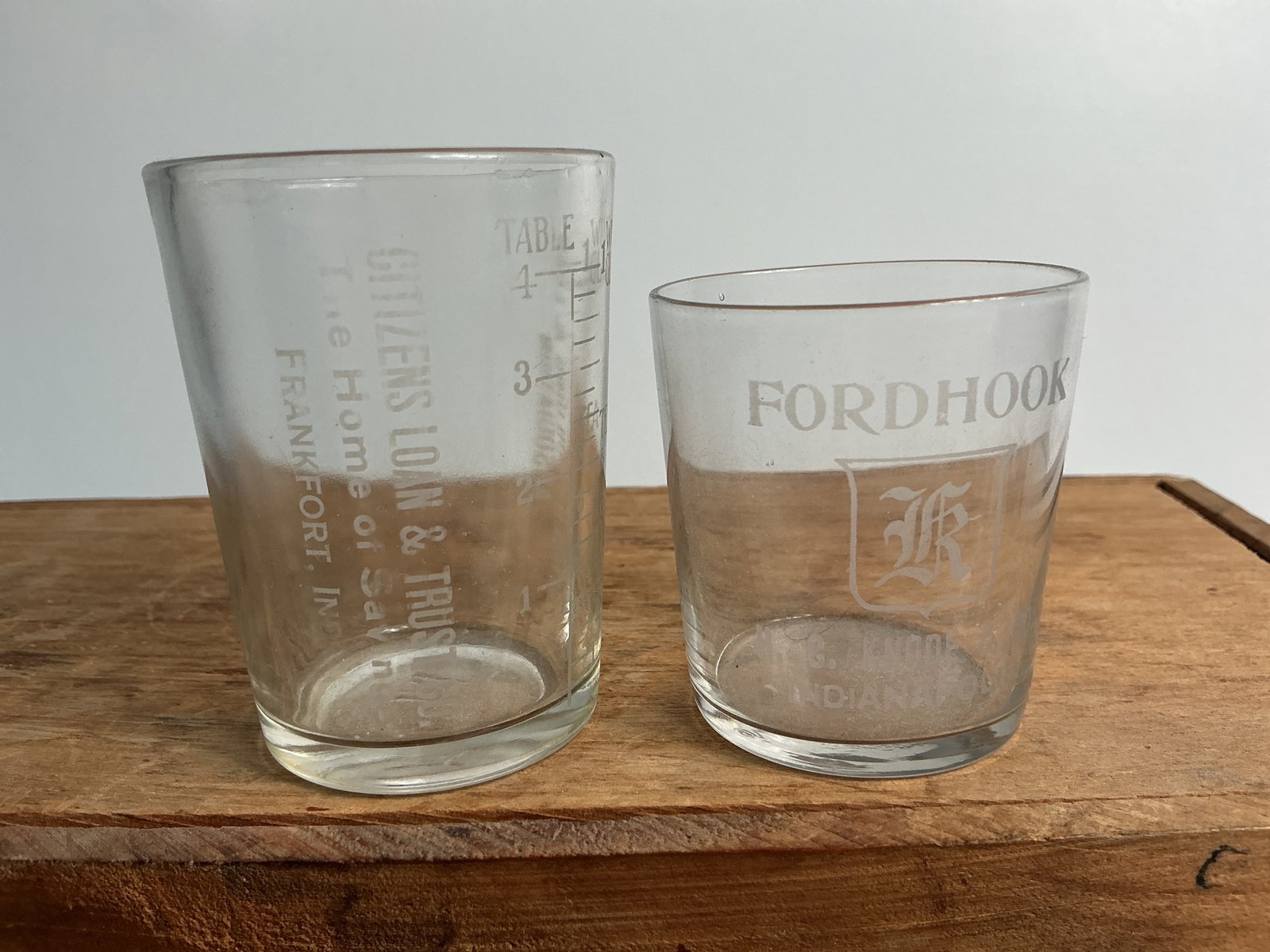 2 Etched Indiana Glasses - Citizen Loan & Trust Frankfort & Fordhook Indianapolis (1 of 3)