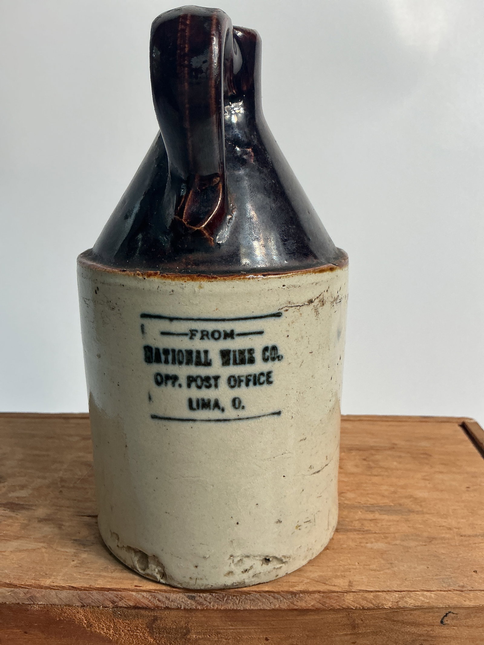 Small Brown & White Stoneware Jug From National Wine Co Lima, O (1 of 4)