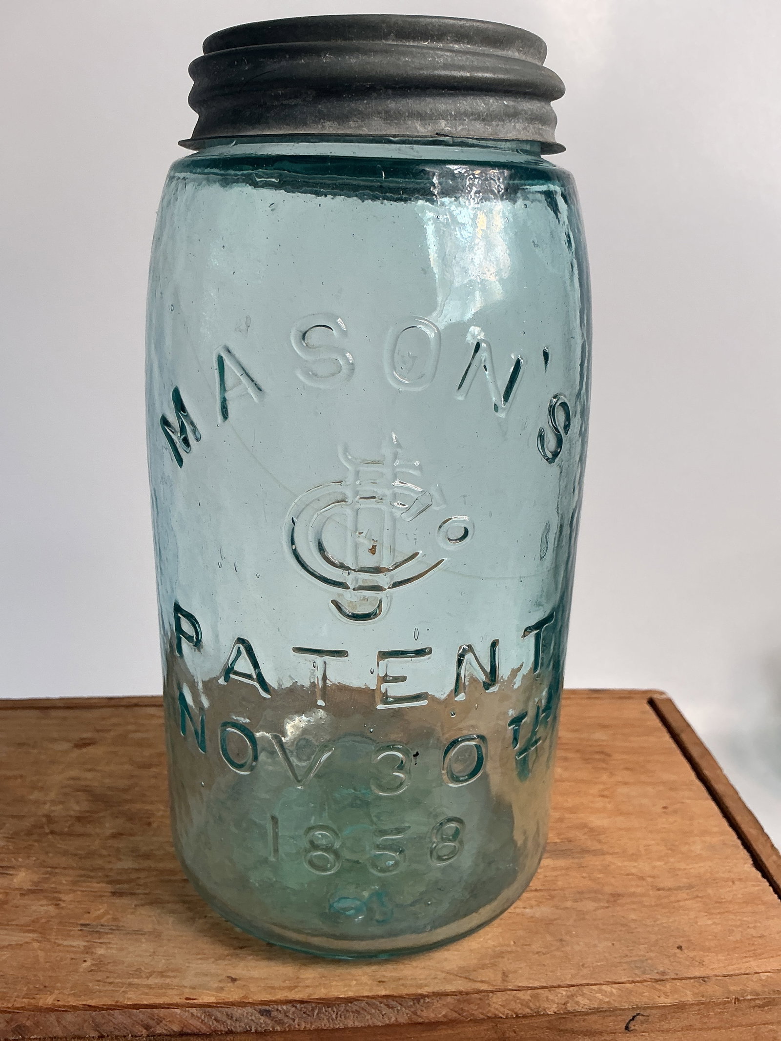 Mason's CFJ Patent Nov. 30TH 1858, Aqua Quart, (1 of 4)