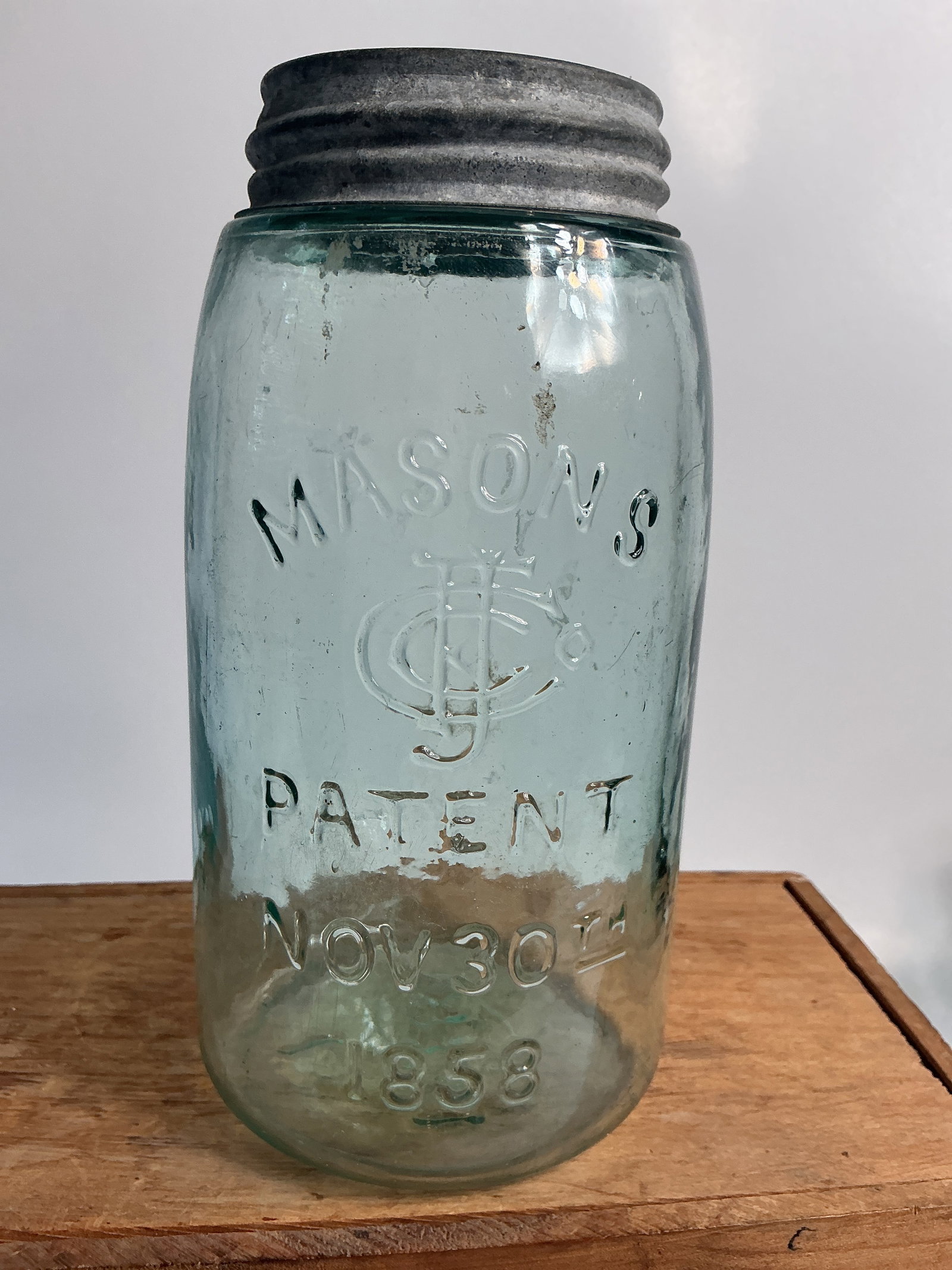 Mason's CFJ Patent Nov. 30TH 1858, Aqua, Quart: Here we have a Mason's CFJ Patent Nov. 30TH 1858. The jar is aqua, quart size and has a ground lip. The jar is clean and has no damage.