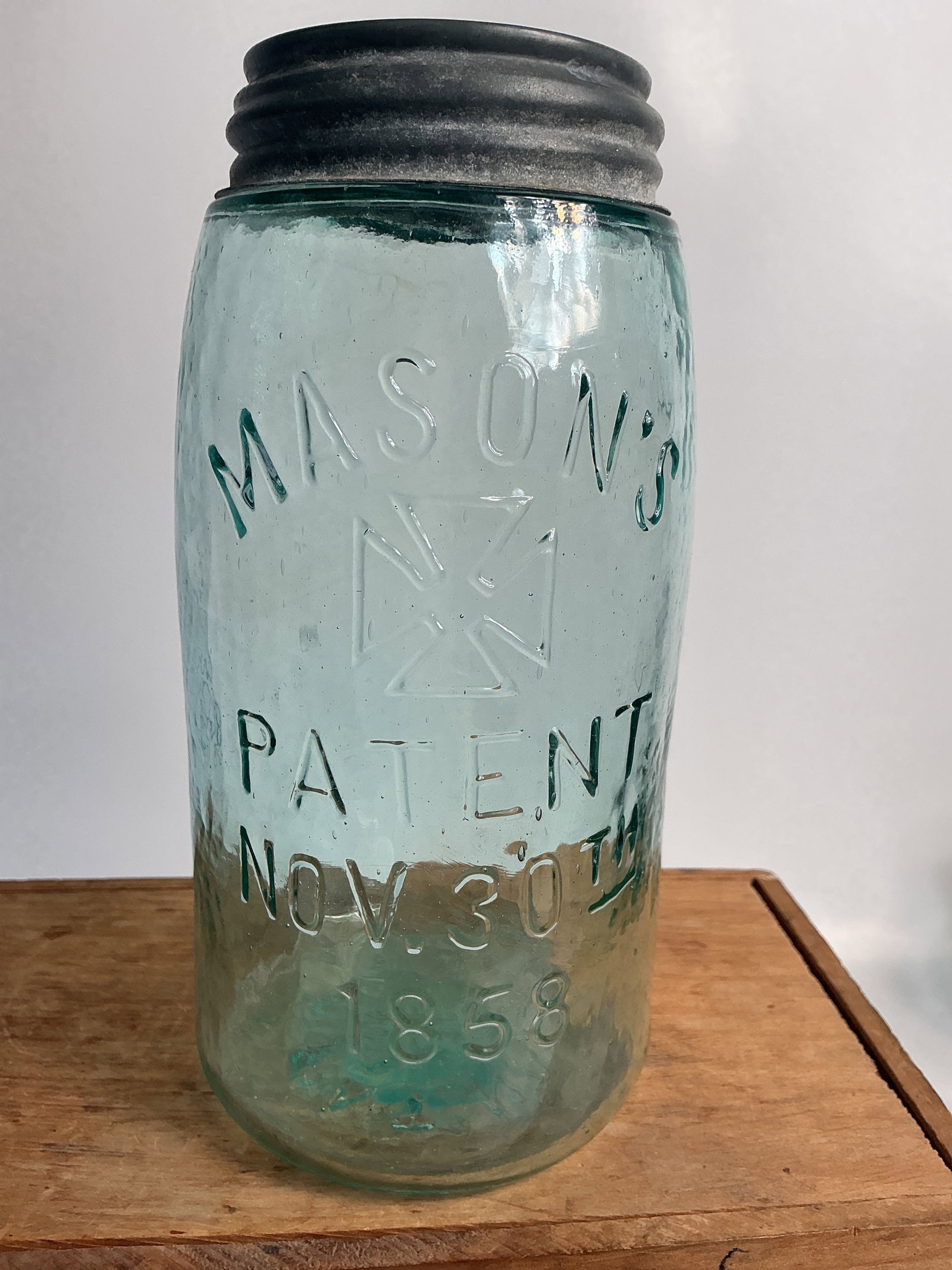 Mason's Cross Patent Nov. 30TH 1858, Aqua, Quart: Here we have a Mason's Cross Patent Nov. 30TH 1858. The jar is aqua, quart size and has a ground lip. The jar is clean, whittled and has no damage.