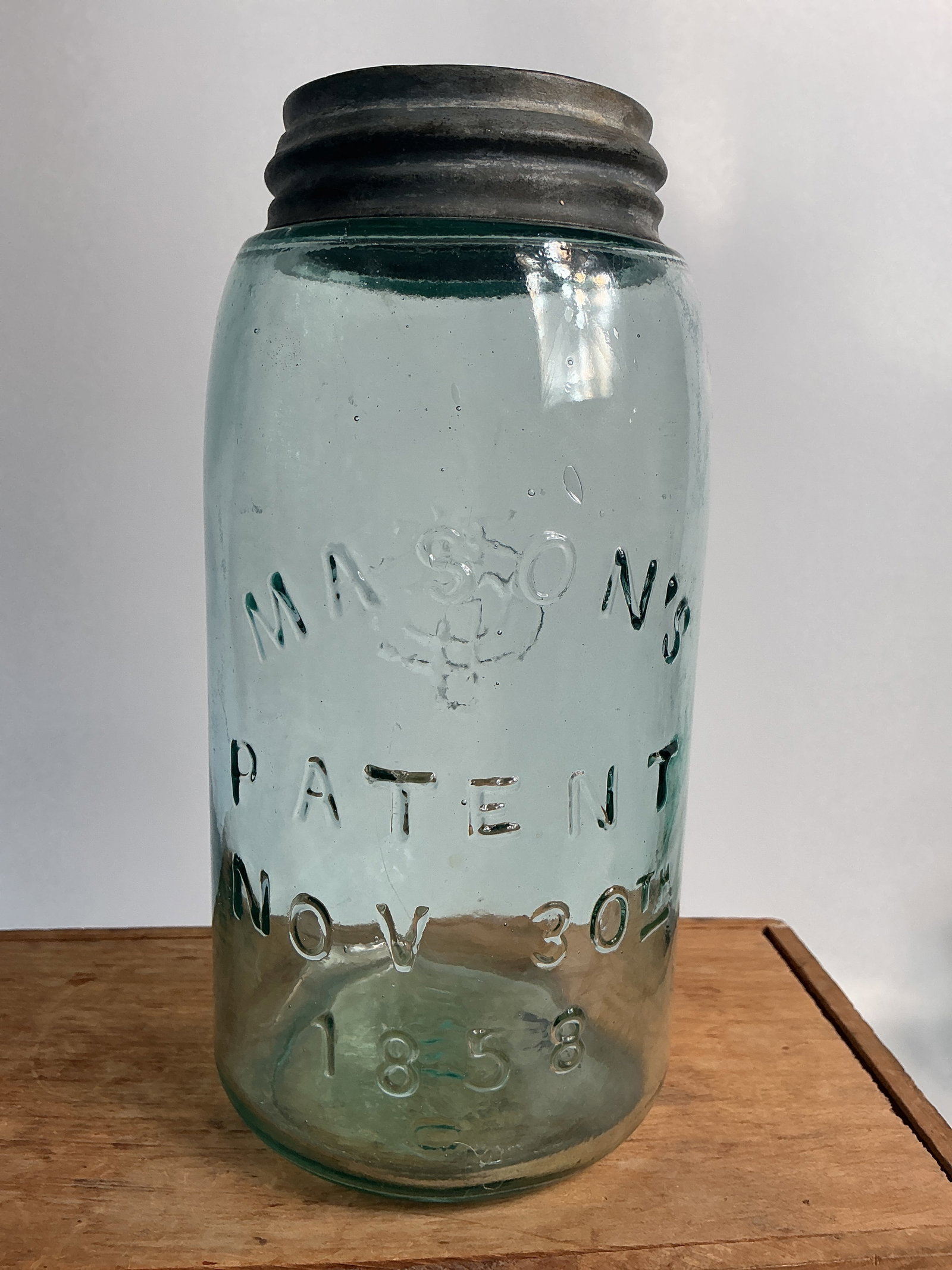 Mason's Patent Nov. 30TH 1858 (rev) CFJ, Aqua, Quart: Here we have a Mason's Patent Nov. 30TH 1858 with the CFJ monogram on the reverse side. The jar is aqua, quart size and has a ground lip. The jar is clean and has no damage.