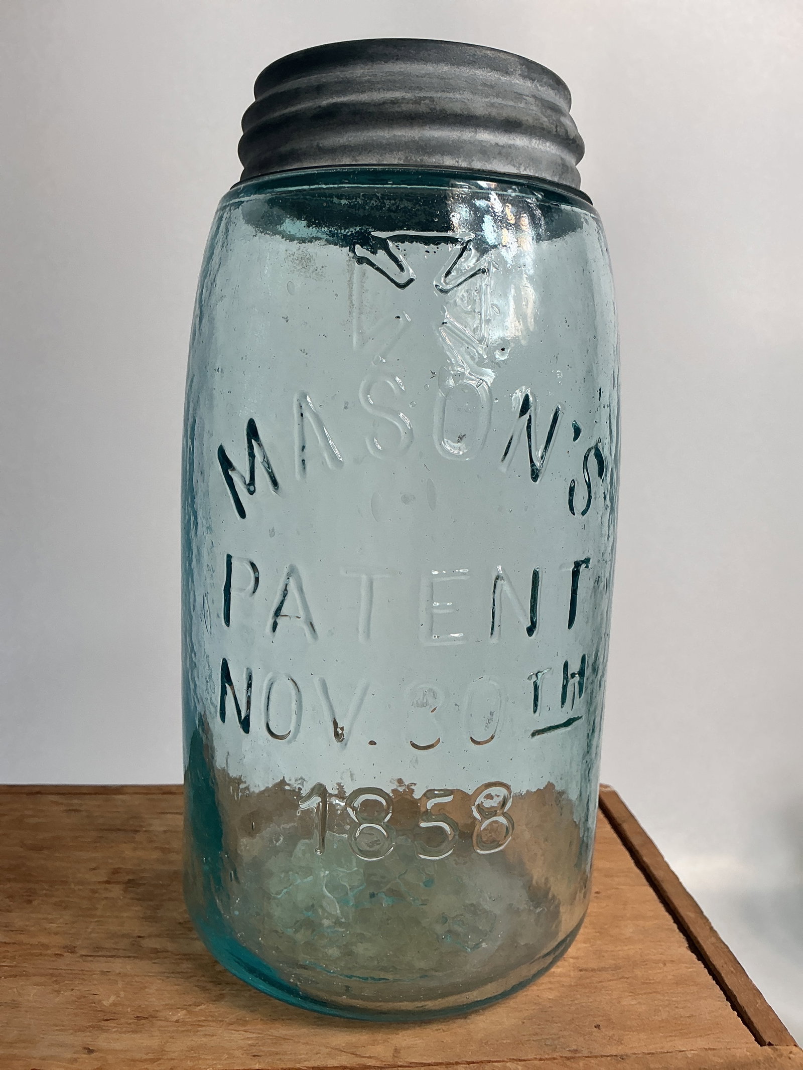 Cross Mason's Patent Nov. 30TH 1858, Aqua, Quart: Here we have a Cross Mason's Patent Nov. 30TH 1858. The jar is aqua, quart size and has a ground lip. The jar is clean, highly whittled and has a couple small lip chips.