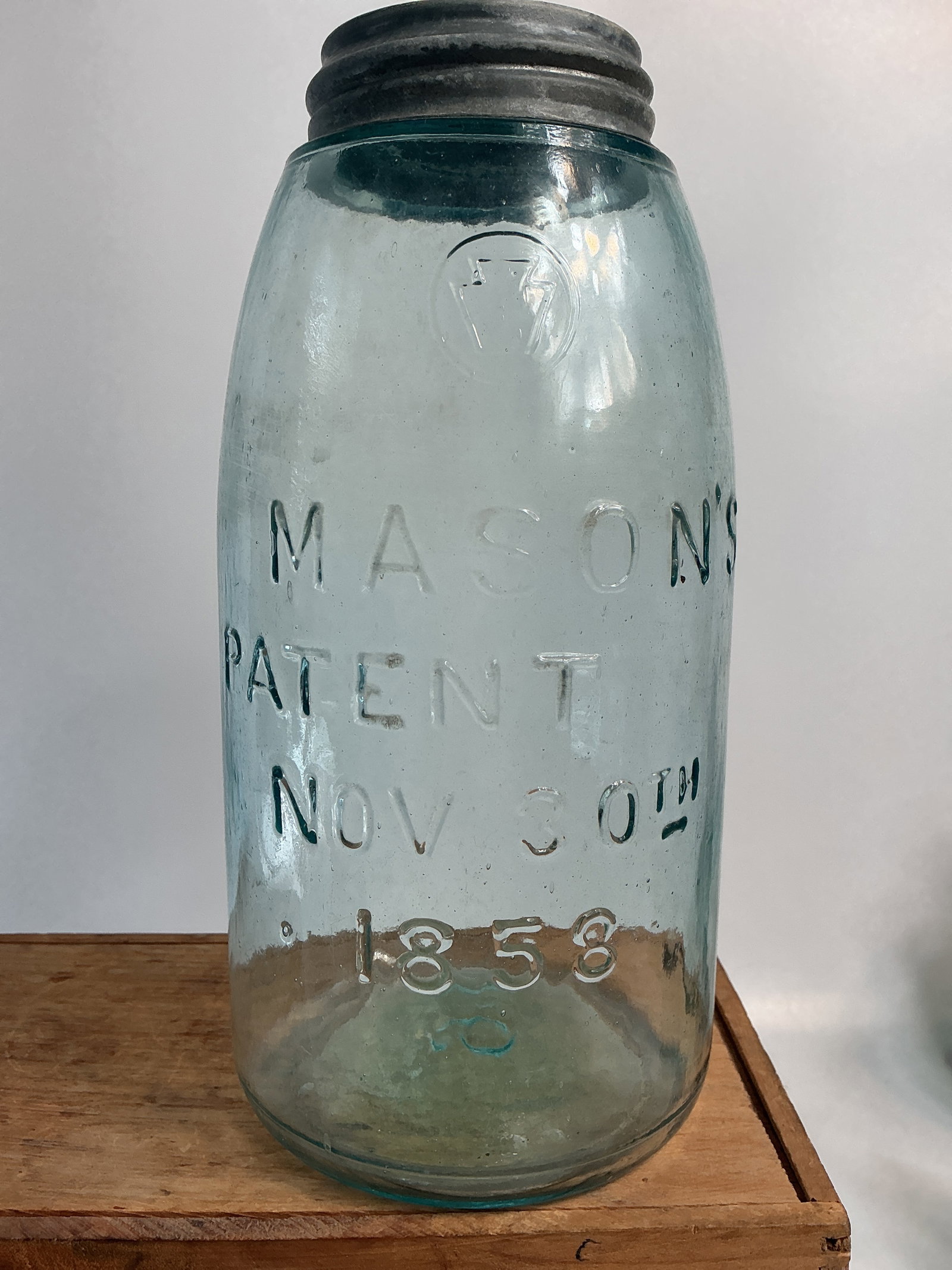 Keystone Mason's Patent Nov. 30TH 1858, Aqua, 1/2 Gallon.: Here we have a Keystone Mason's Patent Nov. 30TH 1858. The word Patent is offset. The jar is 1/2 gallon size, clean, bright and has no damage.