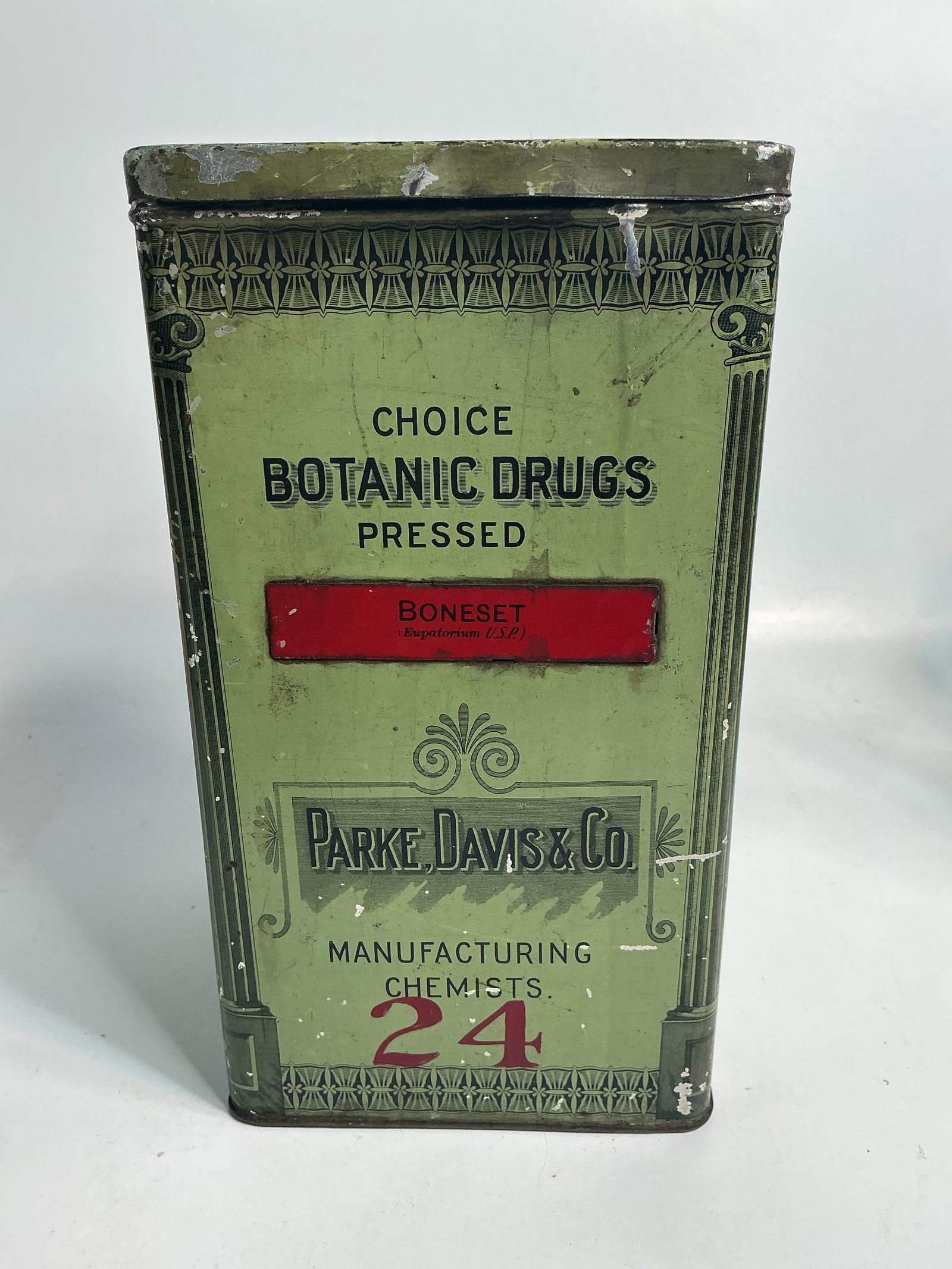 Parke, Davis & Co Pressed Boneset Advertising Tin: Here's a great condition advertising tin for Parke, Davis & Co Pressed Boneset. The tin is approximately 9" X 4 3/4" X 5 1/4". It has a hinged lid and is complete. Nice graphics and super condition.