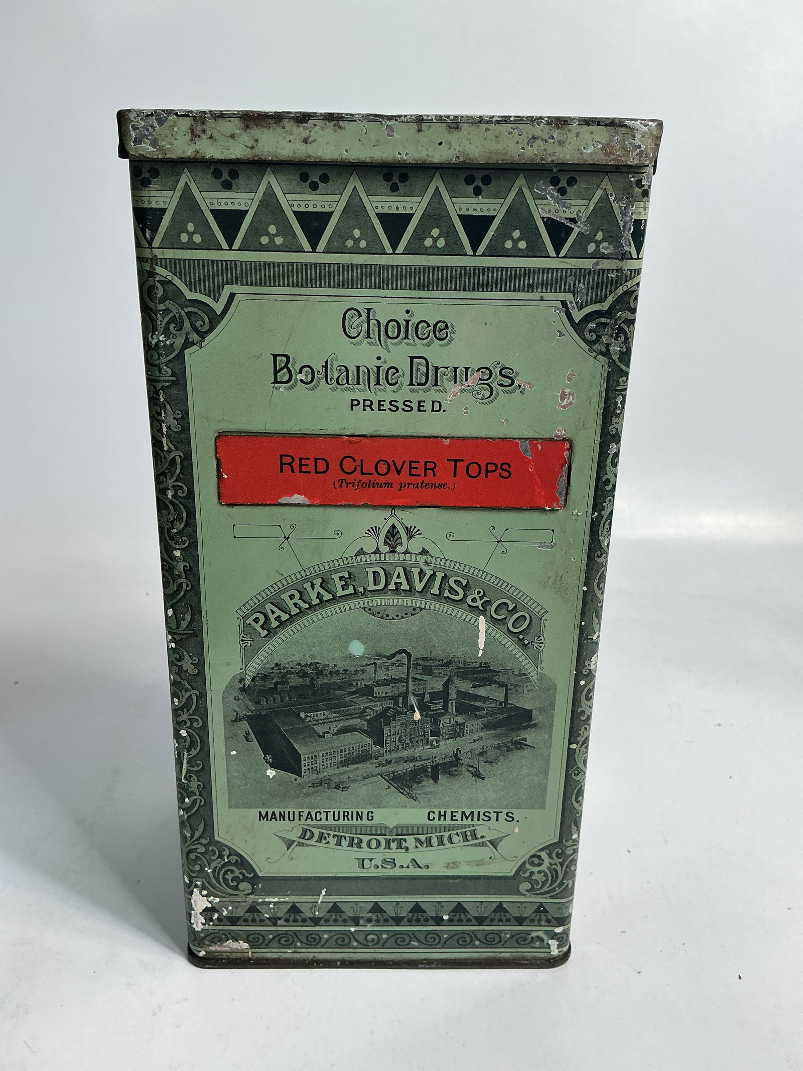 Parke, Davis & Co Pressed Red Clover Tops Advertising Tin: Here's a great condition advertising tin for Parke, Davis & Co Pressed Boneset. The tin is approximately 9" X 4 1/4" X 3 3/4". It has a hinged lid and is complete. Nice graphics and super condition.