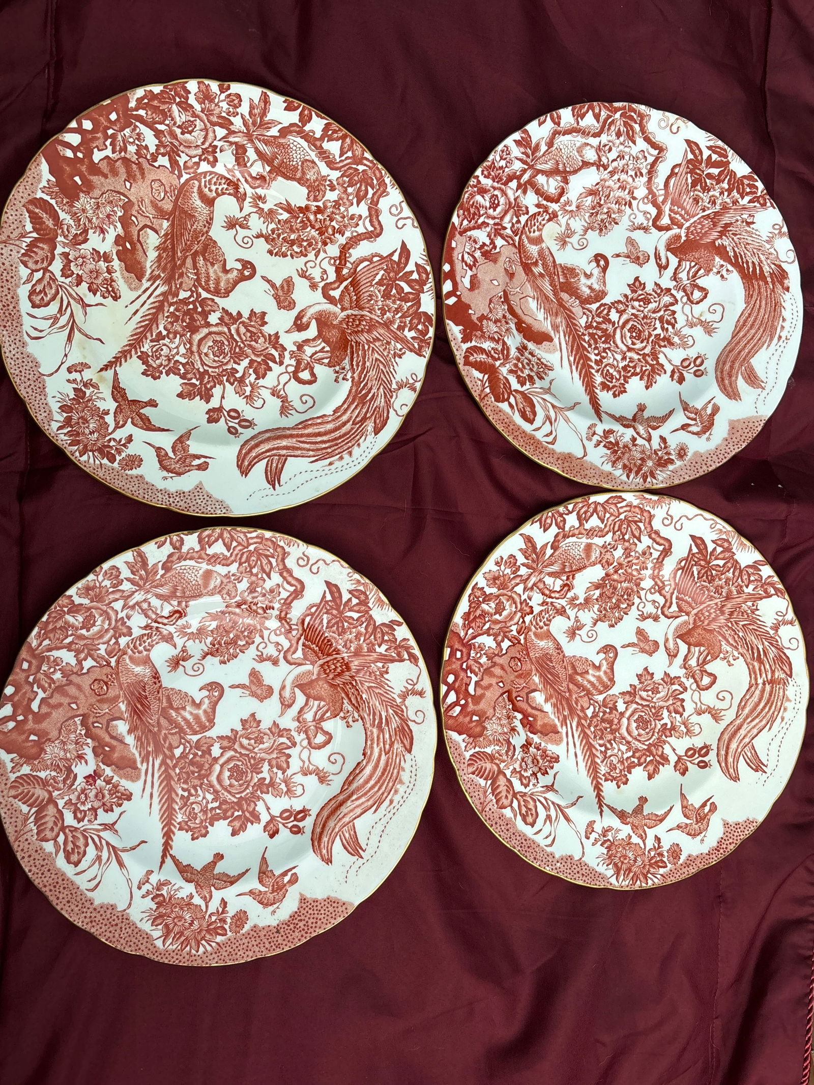 Four (4) Royal Crown Derby red Aves 10&1/2inch plates; 2 as is (1 of 8)