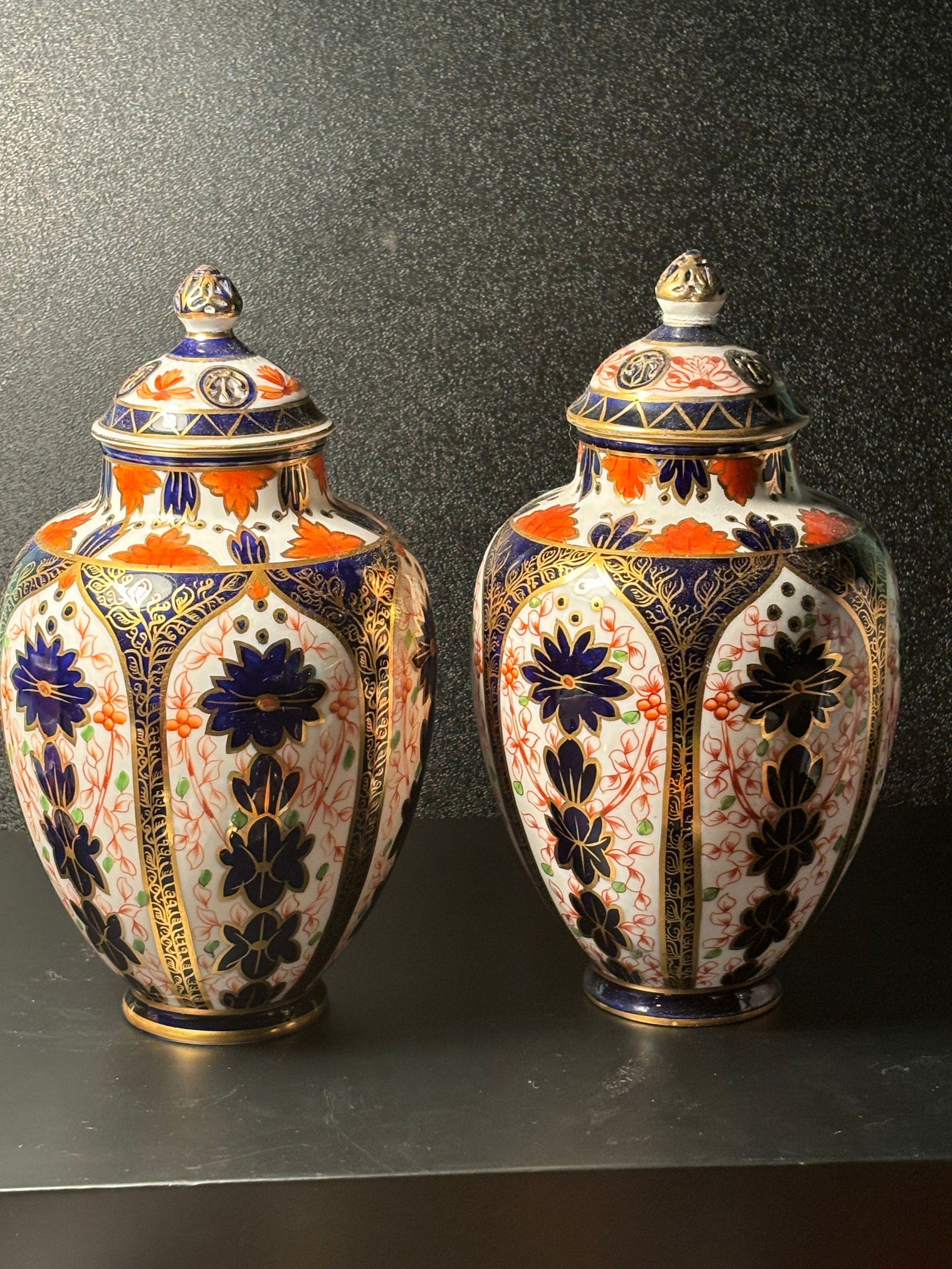 1885 antique near pair Royal Crown Derby Imari English china 8.25inch covered vases (1 of 8)