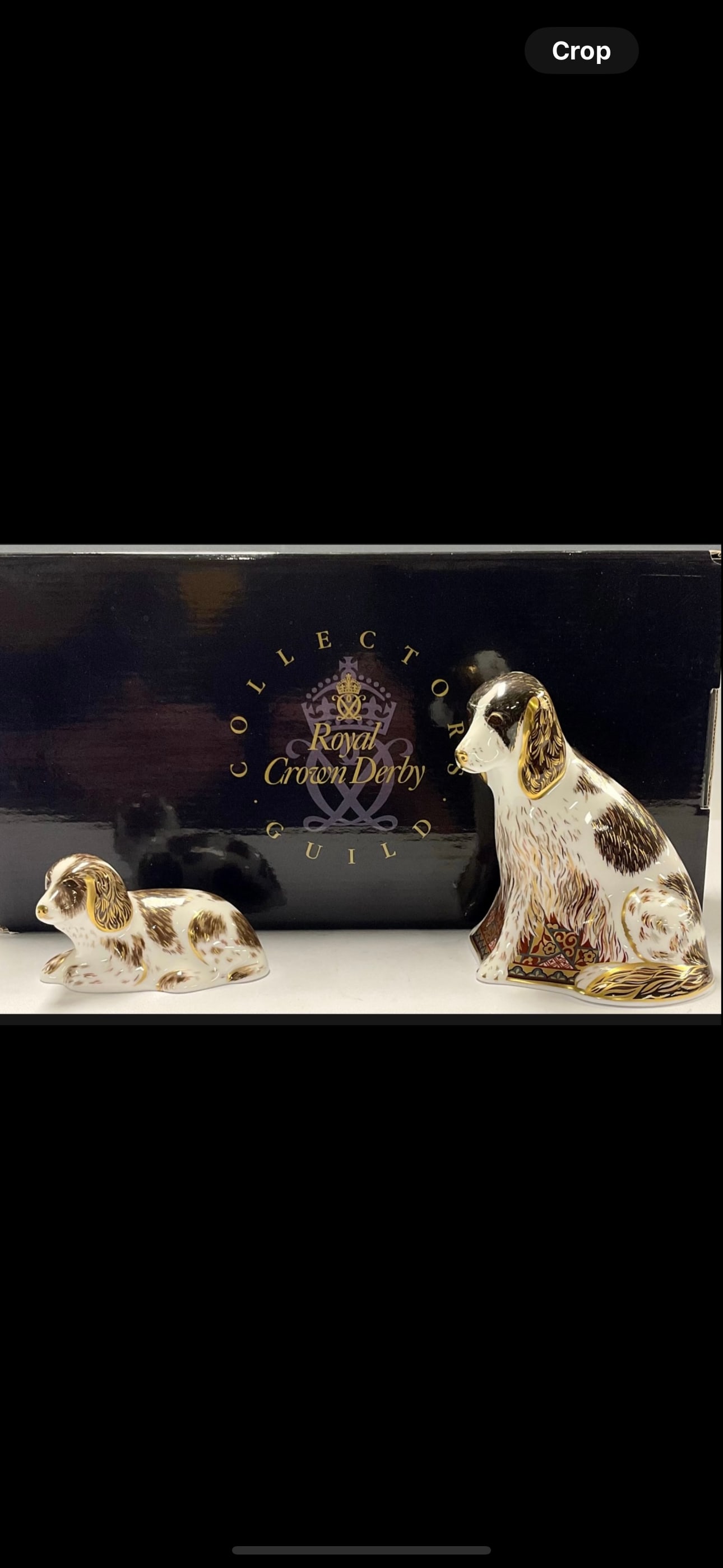 Royal Crown Derby paperweight, Collector's Guild exclusive Member's Pack Molly & puppy: A Royal Crown Derby paperweight, Collector's Guild exclusive Member's Pack with two matching dog paperweights, Molly and Scruff Puppy, gold stoppers, printed marks in red, boxederweight, Collector's G
