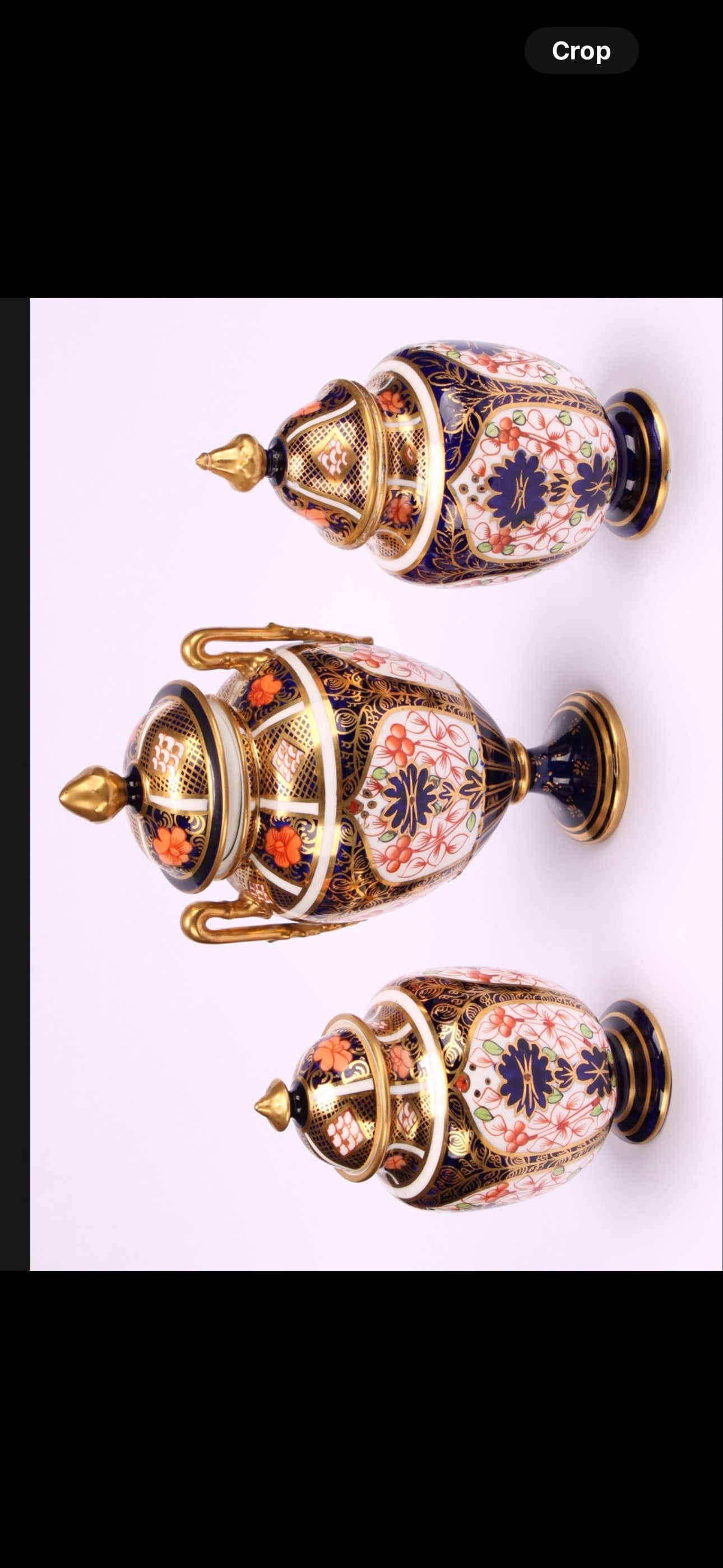 Three small Royal Crown Derby Imari 1128 pattern  covered vase/urns (1 of 1)