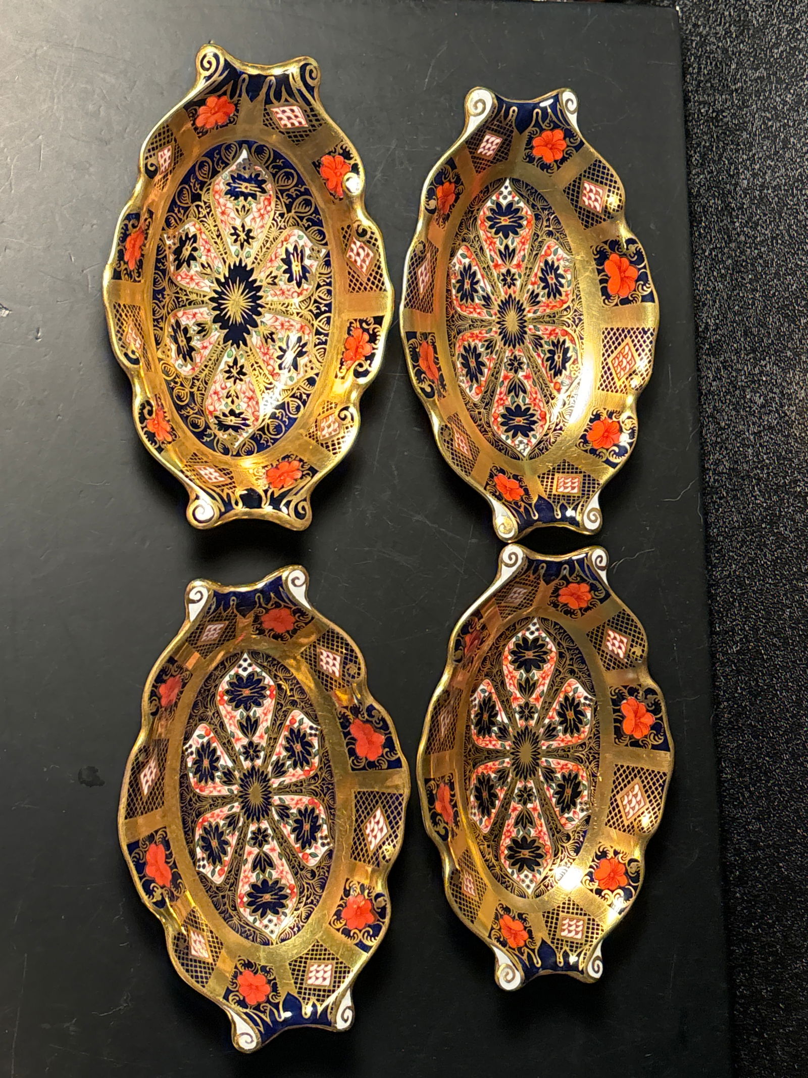 pair of Royal Crown Derby Imari palette 1128 pattern oval 5&1/2inch trinket dishes, solid gold band, (1 of 7)