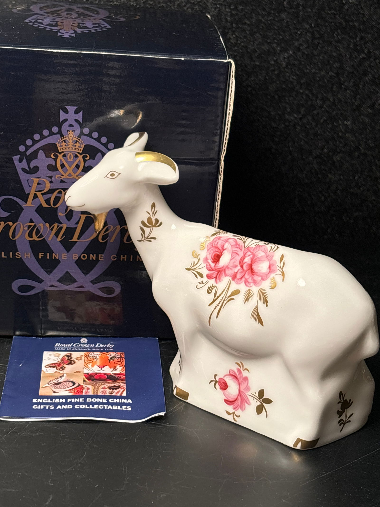 Royal Crown Derby English china Pink Rose Nanny Goat 5 inch paperweight: Royal Crown Derby English china Pink Rose Nanny Goat 5 inch paperweight.In original box. Gold stopper. Hand painted.Like new, Good condition