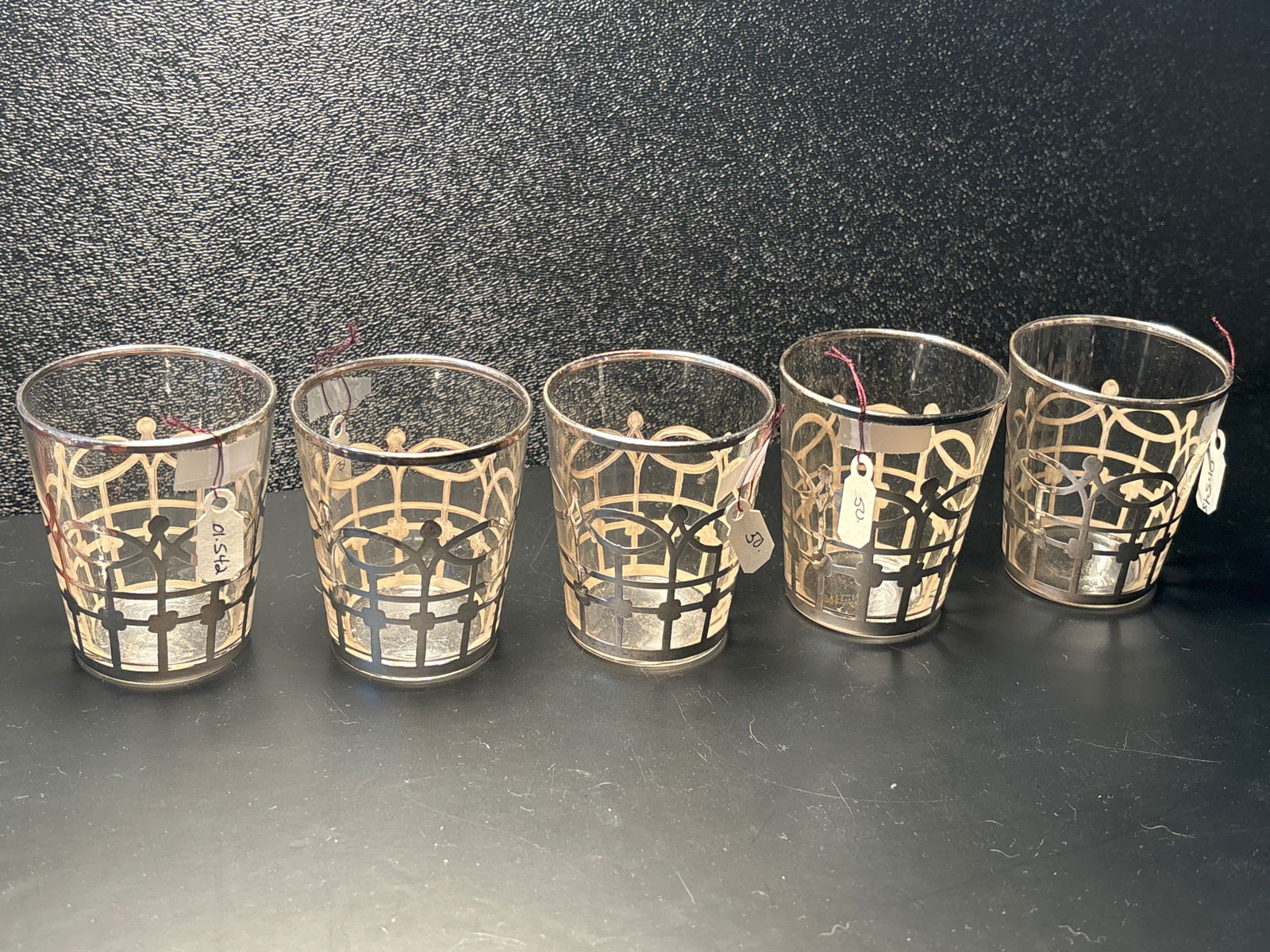 Set of five (5) Eamco Antique Art Nouveau 2&1/4in sterling silver overlay glasses (1 of 5)