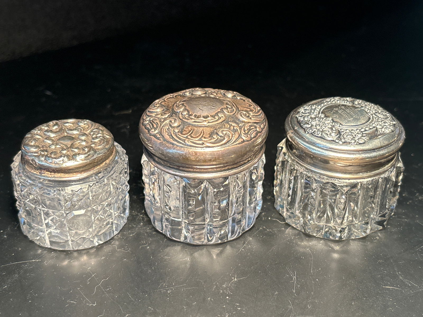 Three small Sterling lidded Antique Art Nouveau cut glass dresser jars (1 of 9)