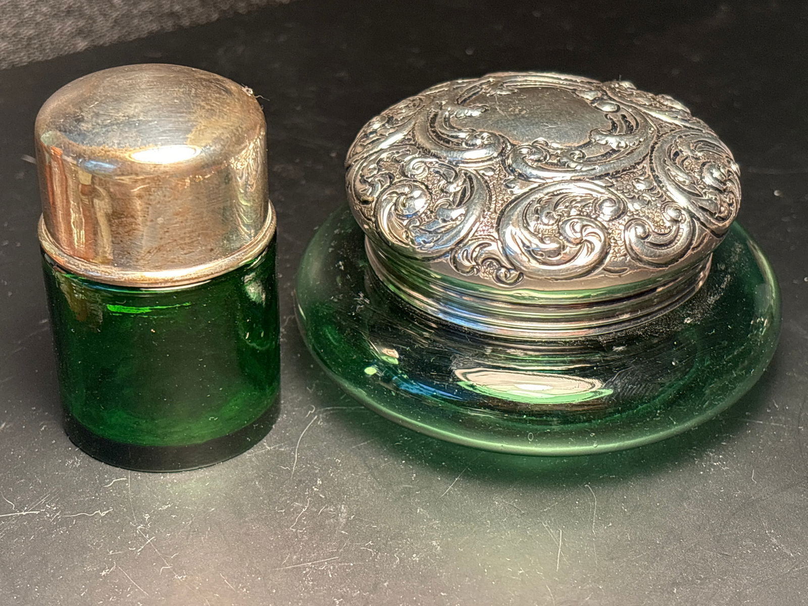 Two antique green glass dresser jars, 1 with sterling lid (1 of 9)