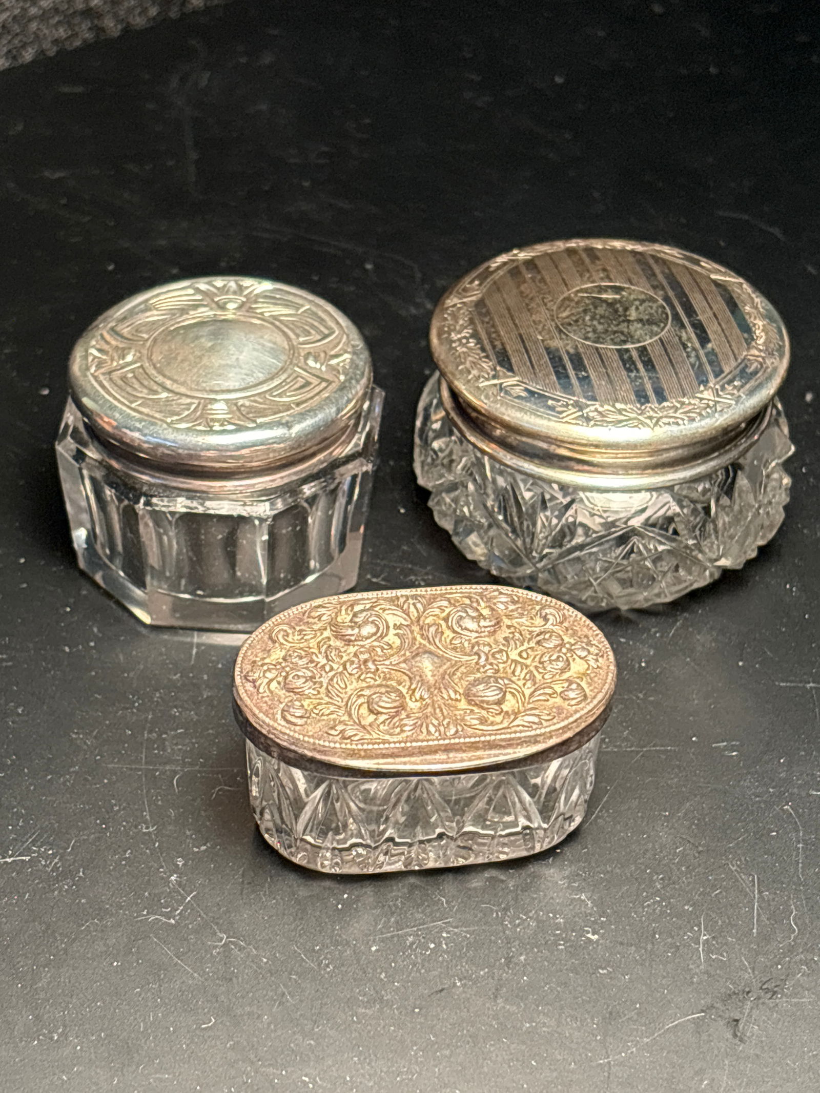 Three antique Art Deco cut glass dresser jars with sterling lids (1 of 8)
