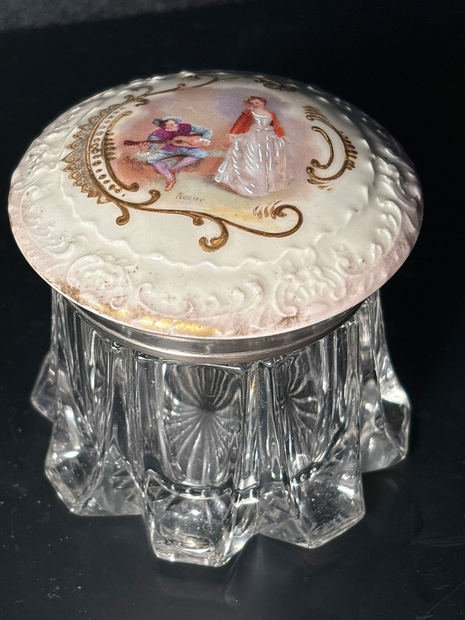 antique mold blown glass with painted porcelain & sterling lid 4x4 in: antique mold blown glass with painted porcelain & sterling lid 4x4 inch. hand painted and art signed. Marked Gorham sterling on edge.