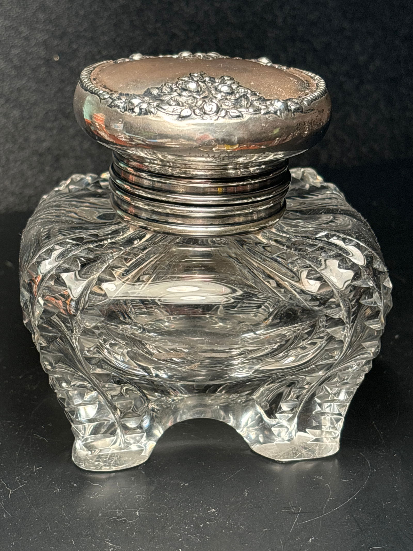 antique mold blown & cut glass ink well with hinged sterling lid 4x4 in (1 of 7)