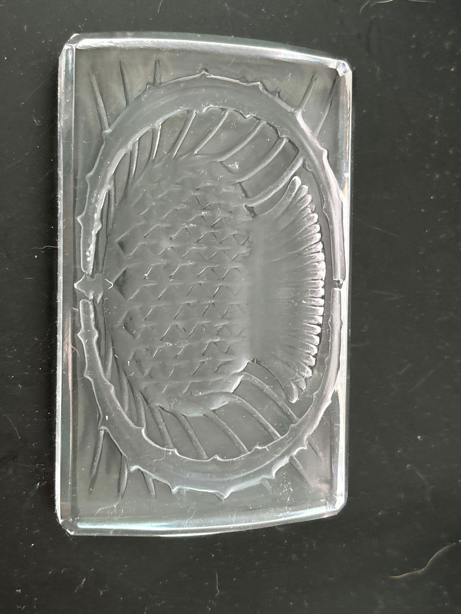 Original Lalique France Rectangle Thistle Paperweight - Nb963, No Box: Rectangle-Thistle Paperweight - Nb963, No BoxGreat condition with no chips or cracks. Etched signature on side.it approximately 3&1/4 inches by 2inches and 1/2 inch deep.