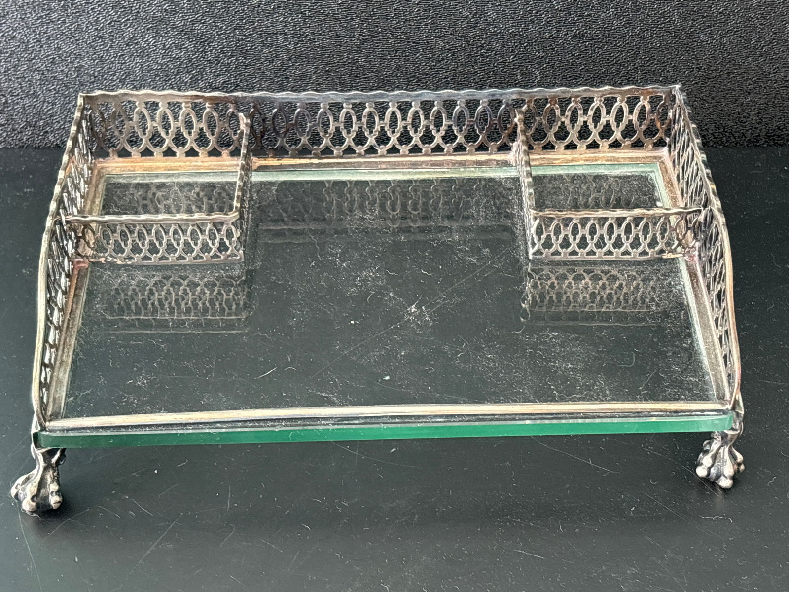 Marcus & Co NY  sterling silver claw footed desktop 8 inch crystal tray (1 of 7)