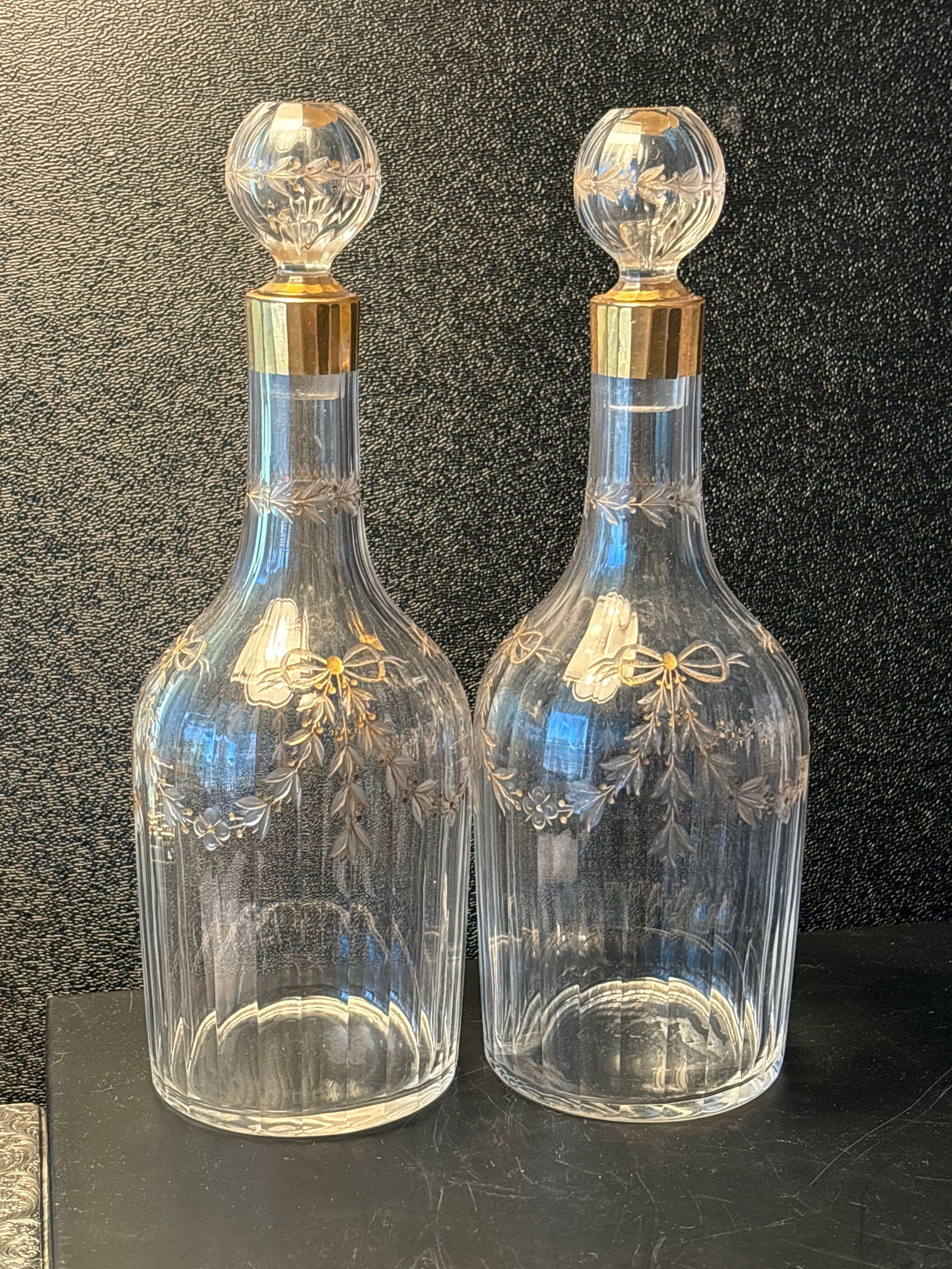 Pair Victorian Gold enamel Cut Crystal 8 inch perfume bottles with stoppers. (1 of 6)