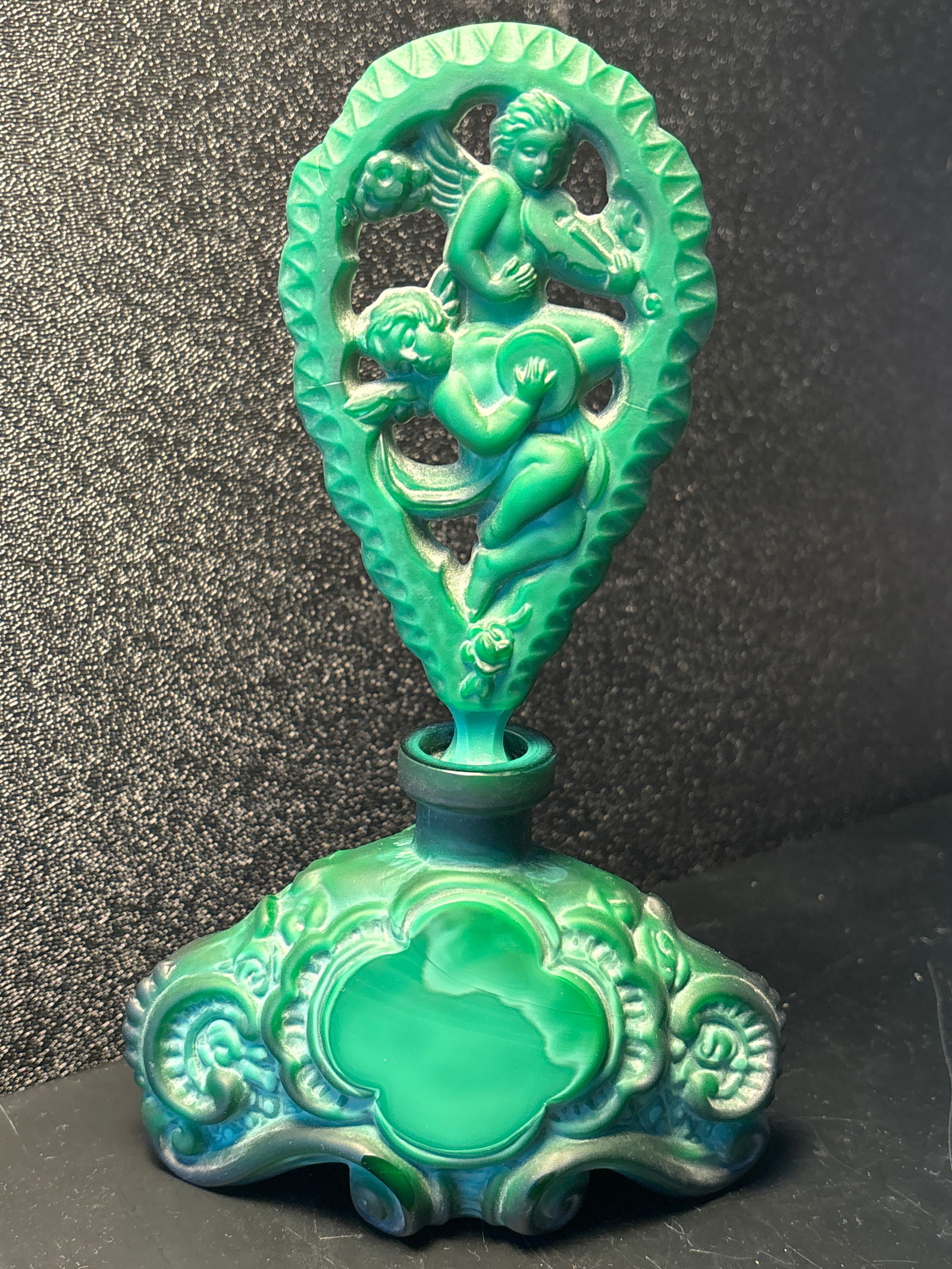 Art Deco Cut green malachite 8 inch perfume bottle with cherub adorned stopper (1 of 6)