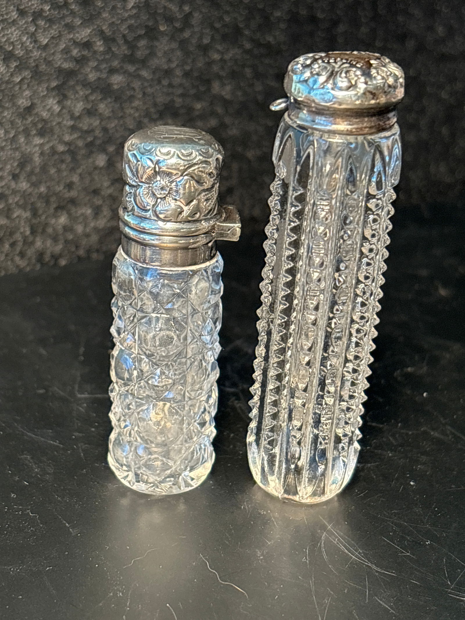 Two small antique cut crystal perfume scent bottles with sterling tops (1 of 6)