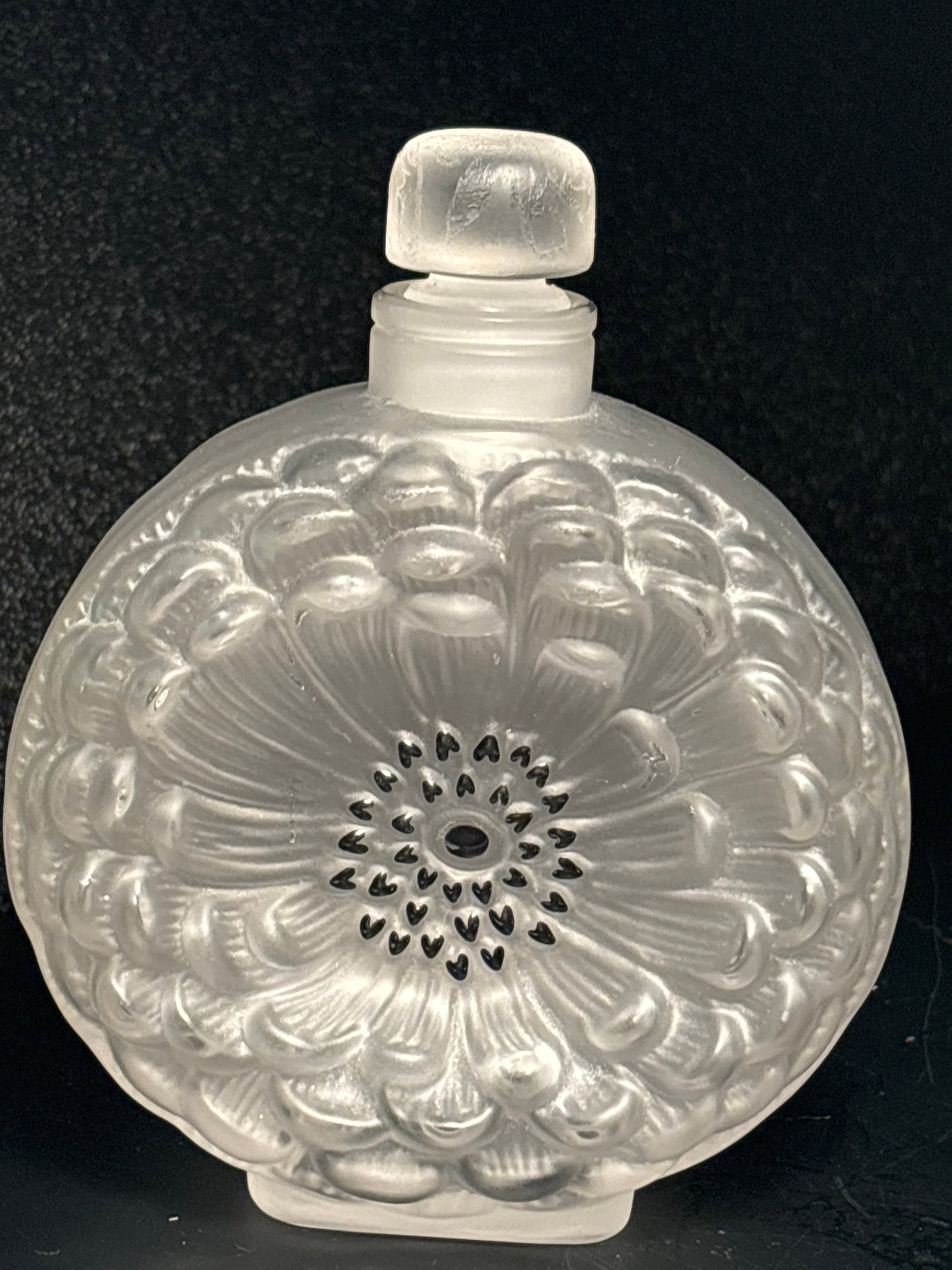 Original signed Lalique frosted glass Dahlia flower 5&1/2 inch bottle with stopper: Original signed Lalique frosted glass glass 5&1/2 inch bottle with stopper.