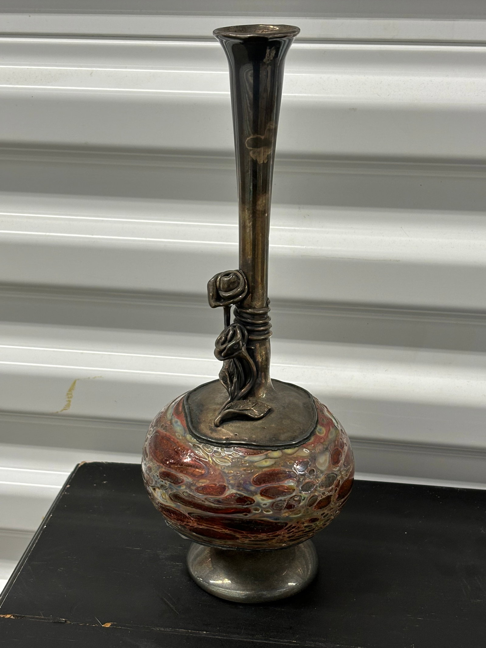 Vintage Persian marked 925 silver on “ancient” stylized glass 10 inch vase: Vintage Persian marked 925 silver on “ancient” stylized glass 10 inch vasegood condition.