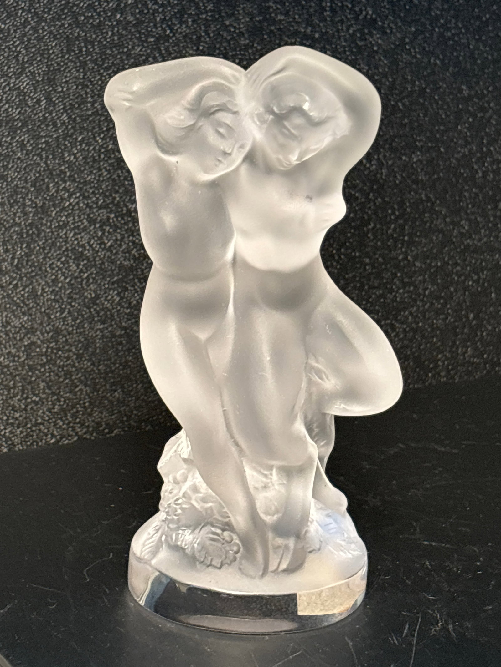 5&1/2 in. Original signed Lalique France frosted crystal Le Faun Pan & Diane statue: 5&1/2 in. Original signed Lalique France frosted crystal Le Faun Pan & Diane statue. Script signed Lalique on side and original label on bottom.Very good condition.