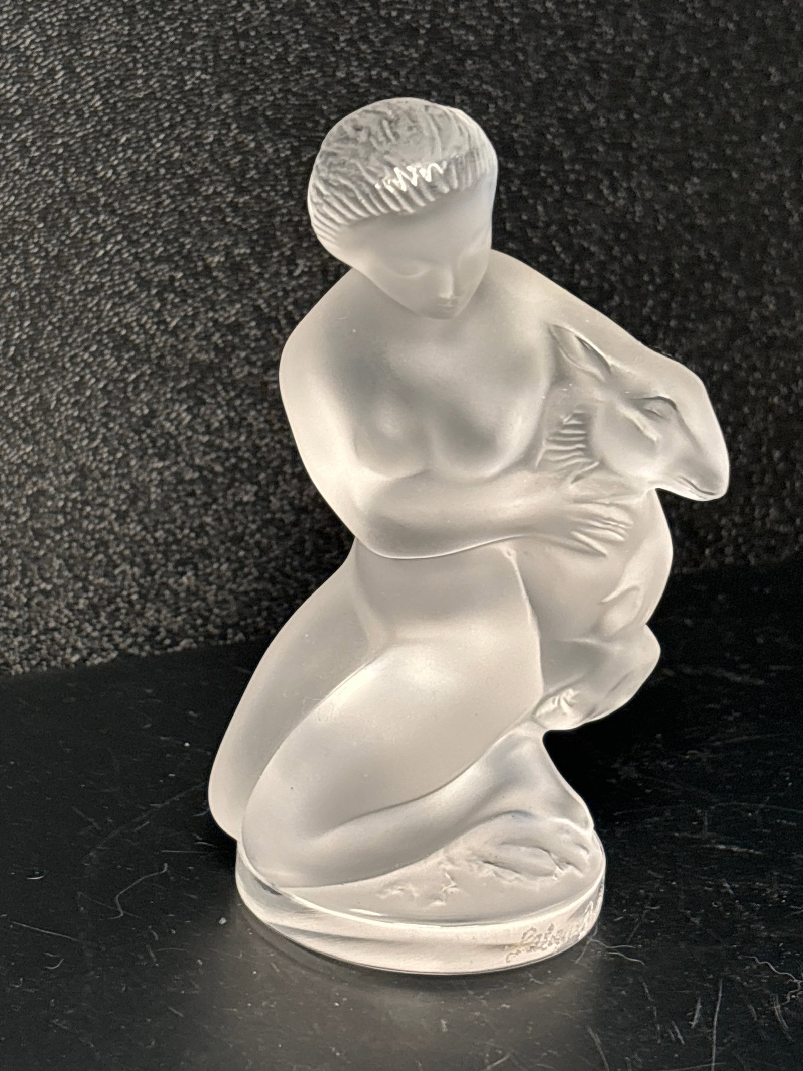 Original signed Lalique France frosted crystal Diane w/goat 4&1/2 inch statue: Original signed Lalique France frosted crystal Diane the Huntress with goat statue. Script signed Lalique on side.Very good condition.