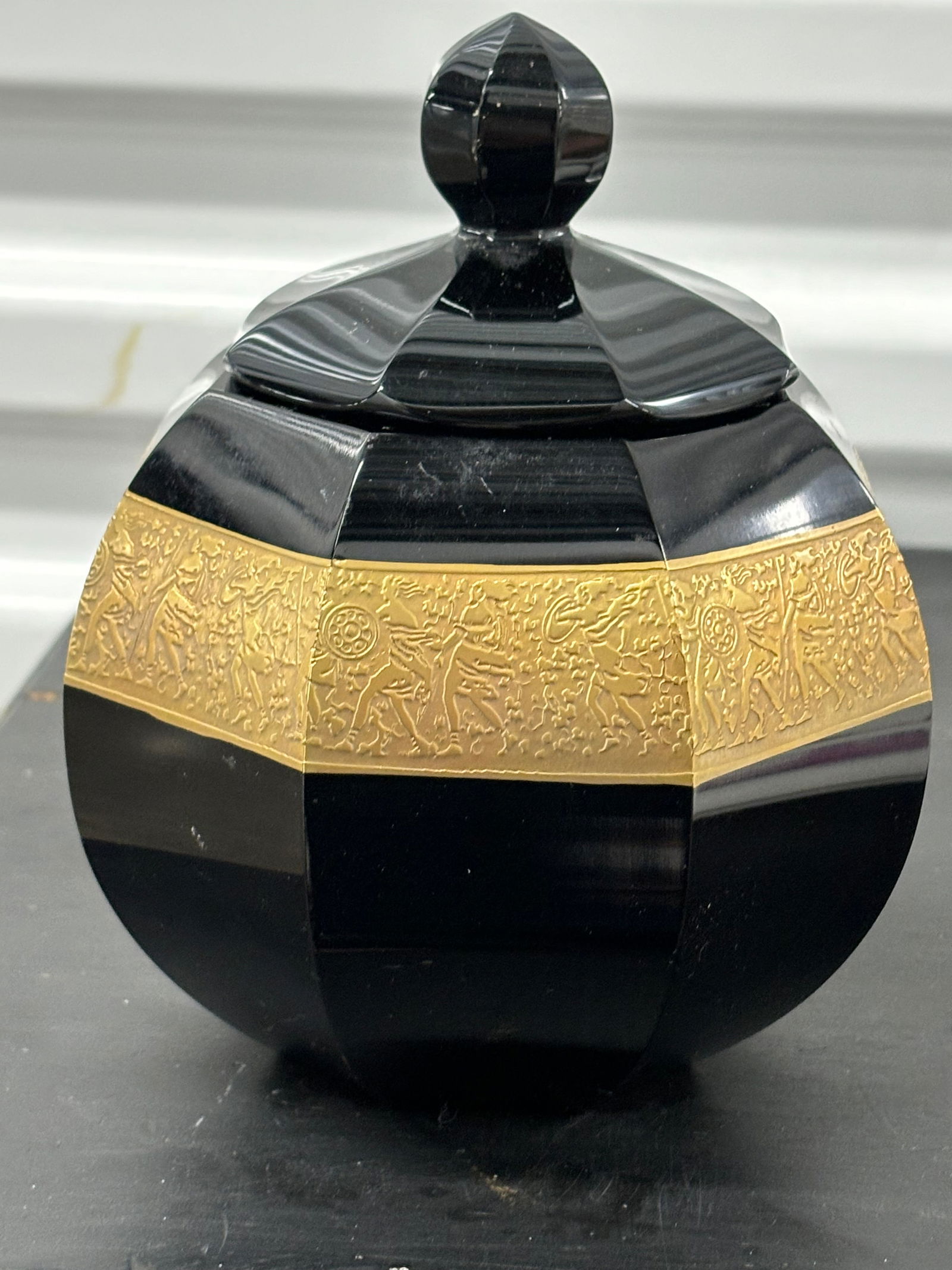 Signed Moser Art Deco Bohemian black amethyst art glass covered bowl (1 of 9)