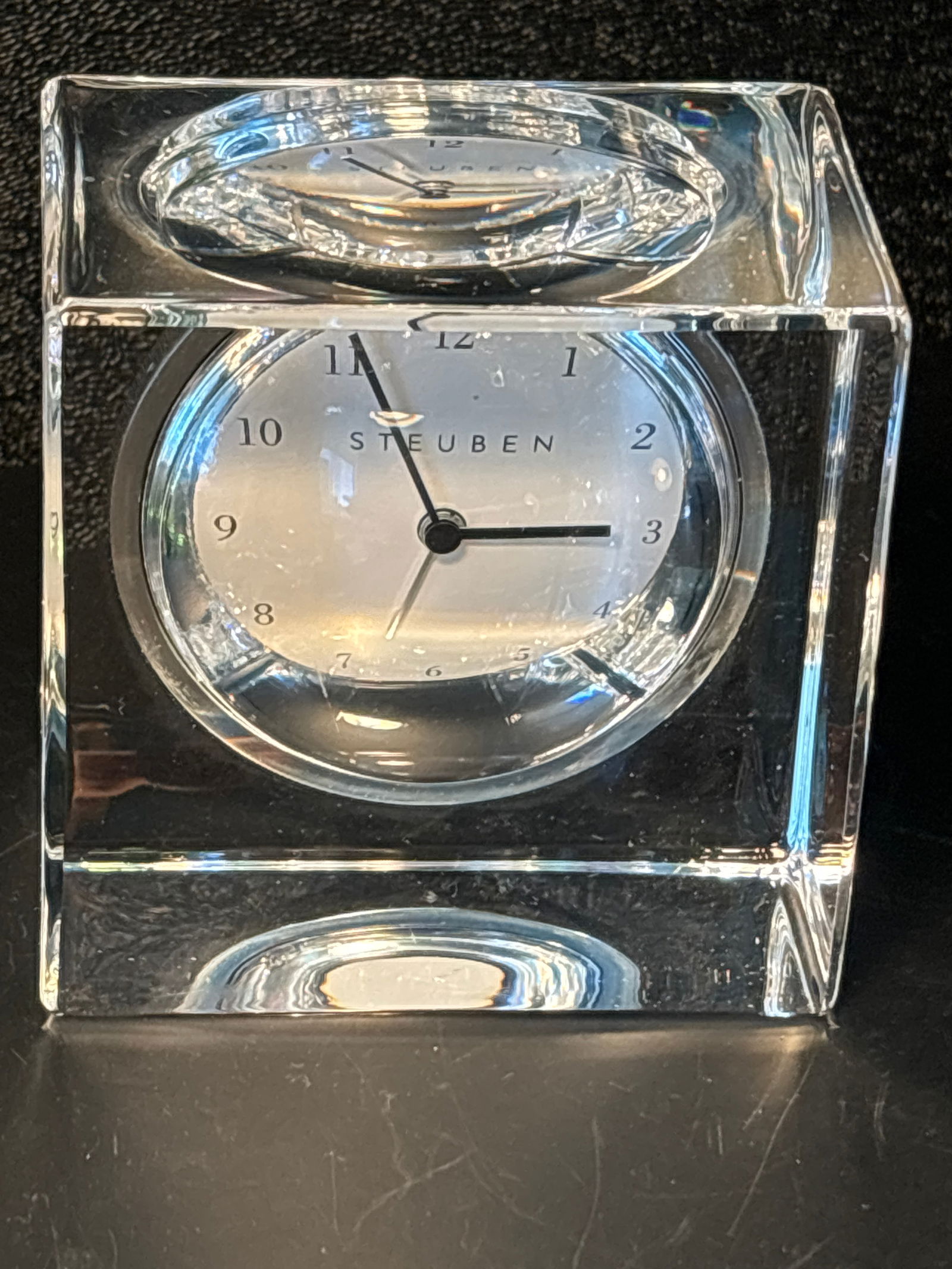 Vintage signed Steuben clear art glass 3 inch cube form desk top clock (1 of 7)