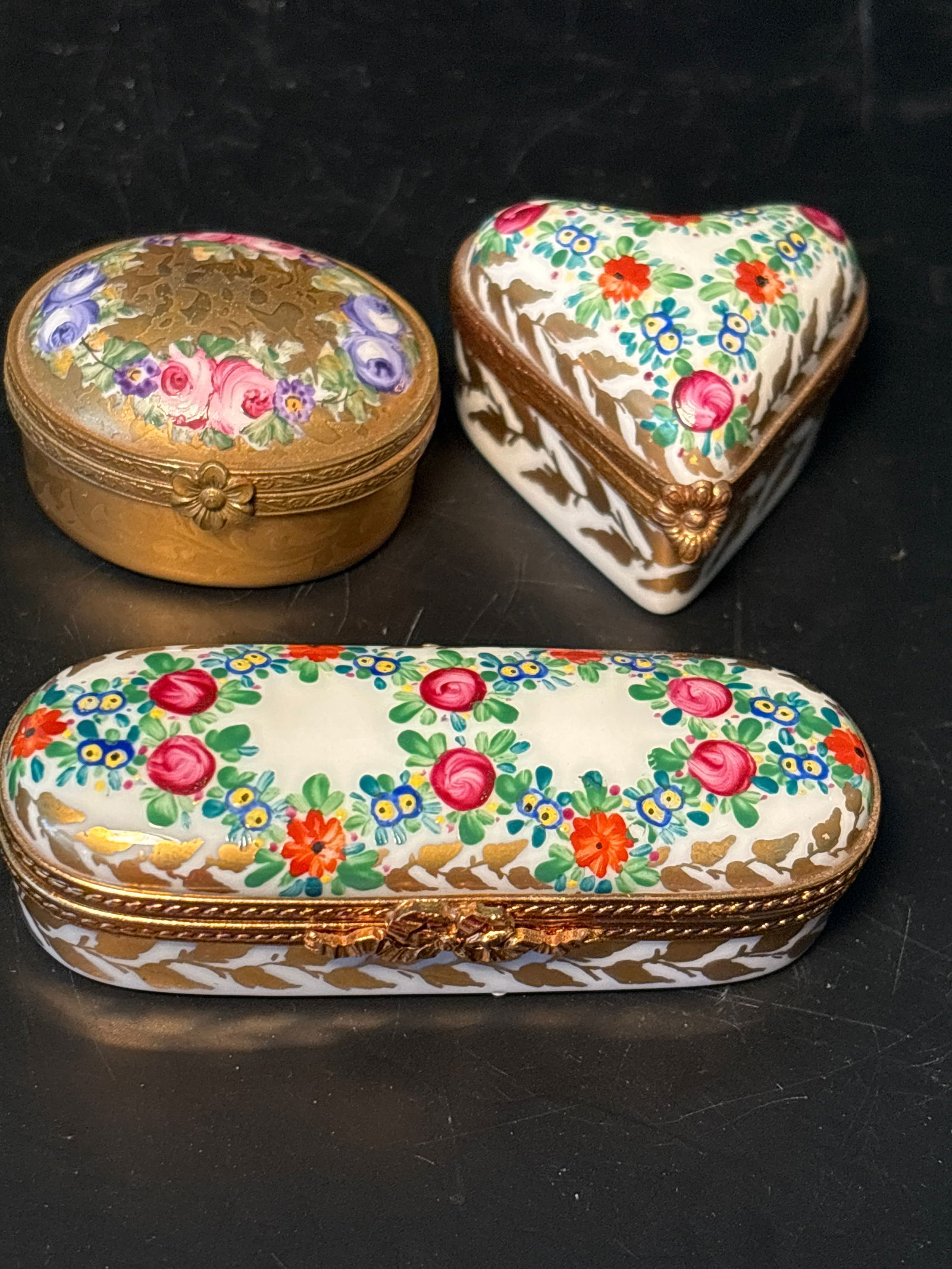 Three Limoges French vintage porcelain floral design vanity top boxes (1 of 6)