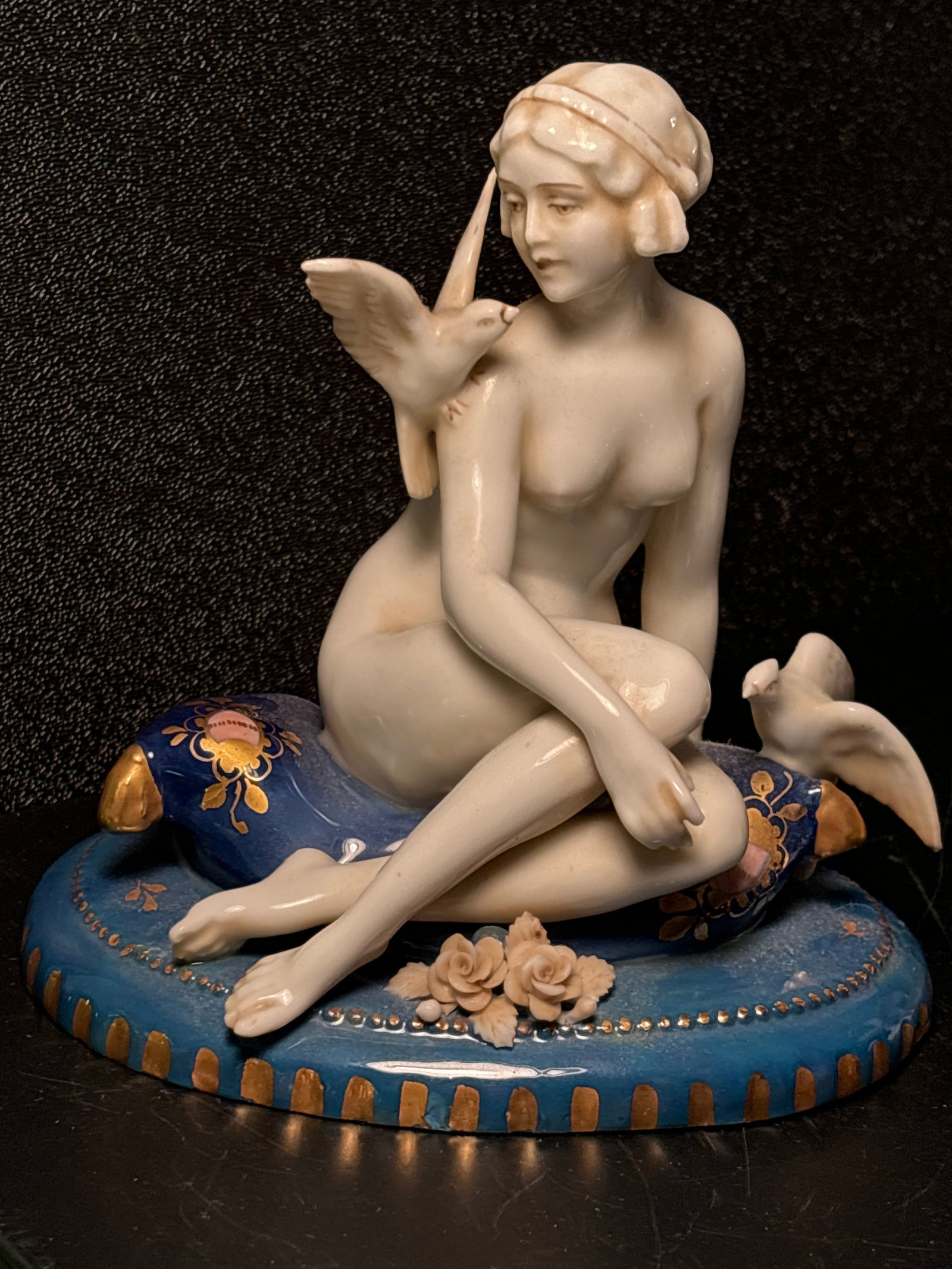 Exceptional Continental porcelain seared nude with birds 5&1/2 inch statue: Exceptional Continental porcelain seared nude with birds 5&1/2 inch statue. Possible Meissen looking maker mark.Good estate condition, no damage