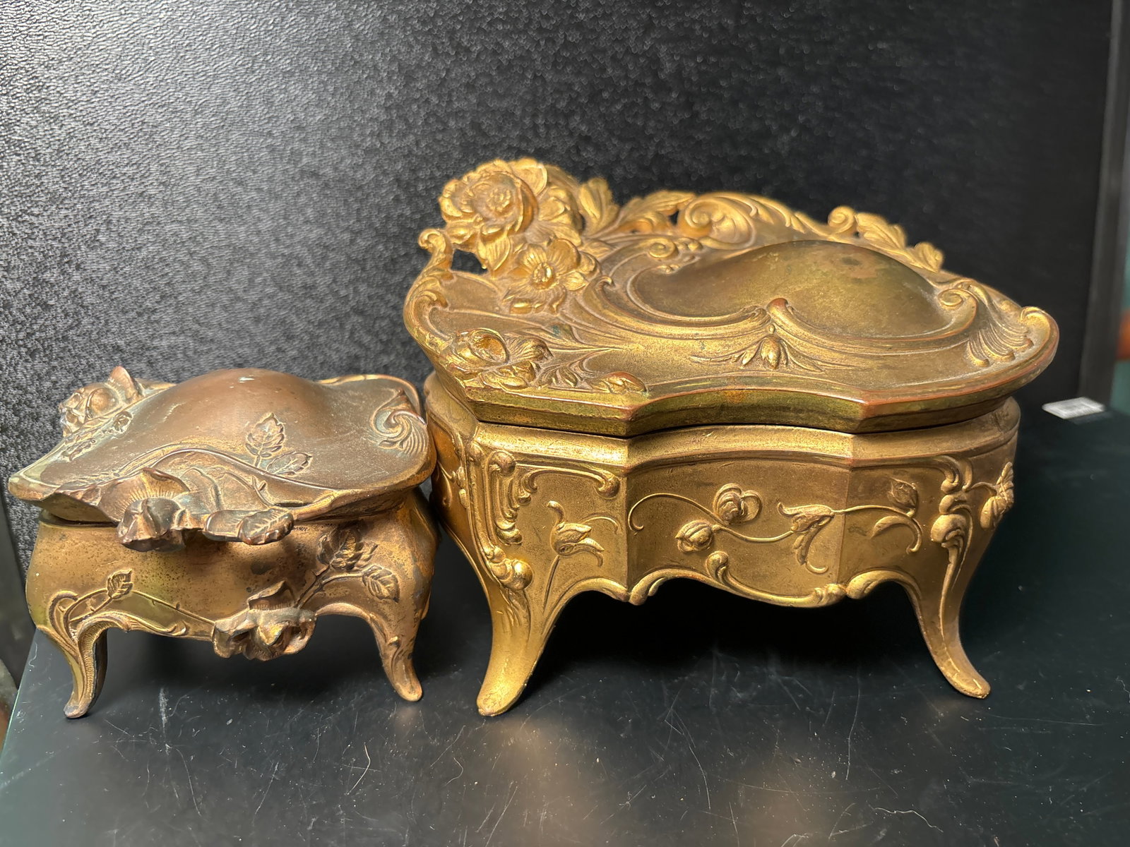 Two Antique Art nouveau metal 8 inch jewelry boxes: Two Antique Art nouveau metal 8 inch jewelry boxes. Some wear to paint.Good estate condition, no damage