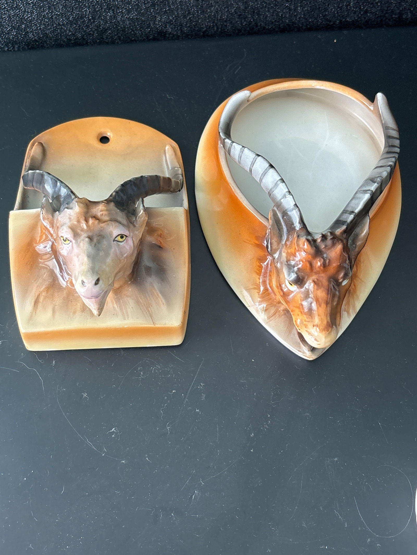 Two rare Art Deco Billygoat form, porcelain wall hanging pockets, one signed Royal  Bayreuth (1 of 8)