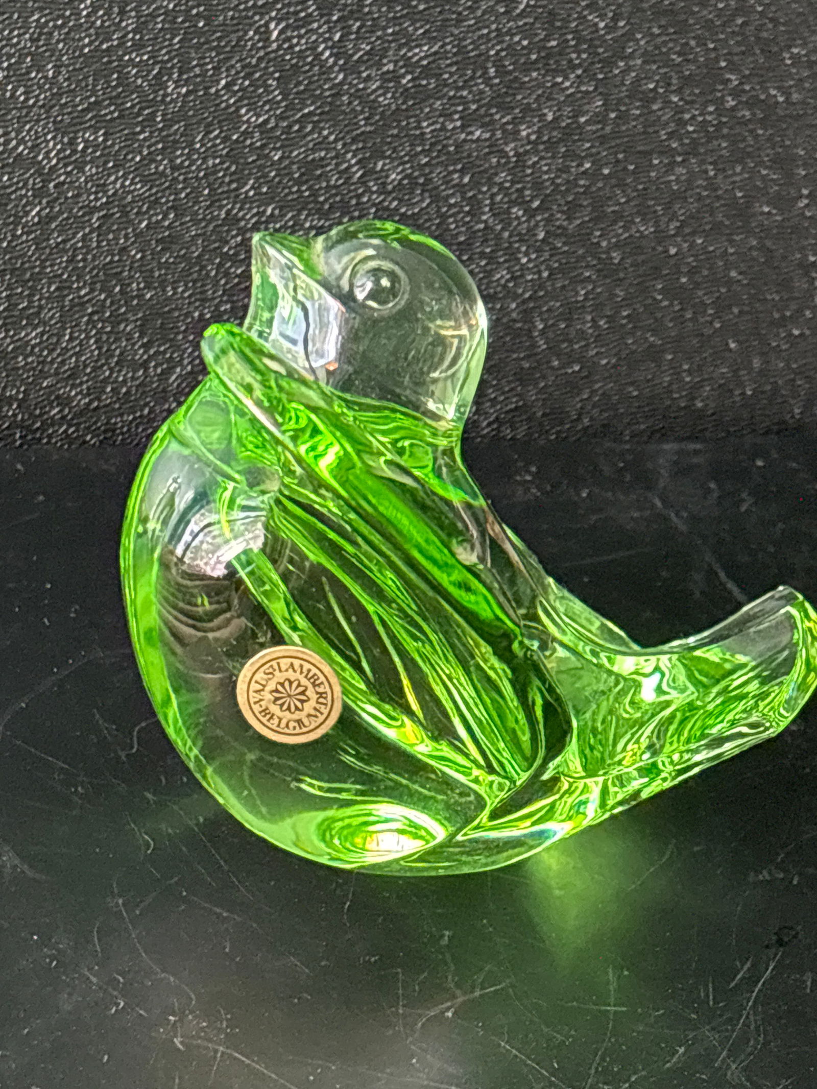Vintage Val St Lambert Belgium green art glass 3 inch sparrow statue (1 of 7)